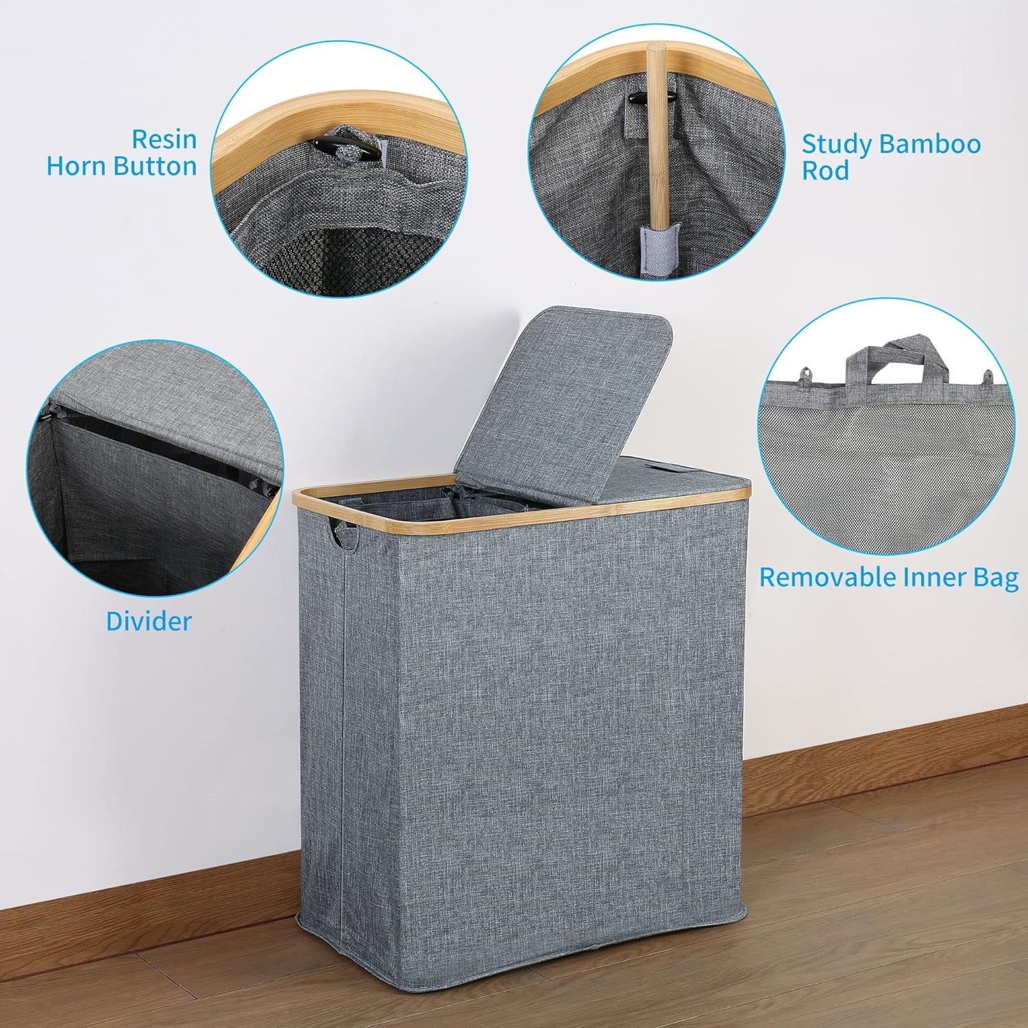 Double Laundry Hamper with Lid, Divided Laundry Hamper with Removable Bags, 2 Section Dirty Clothes Basket with Handles for Bathroom, Bedroom & Laundry Room, 140L Black - Curated Treasures Market