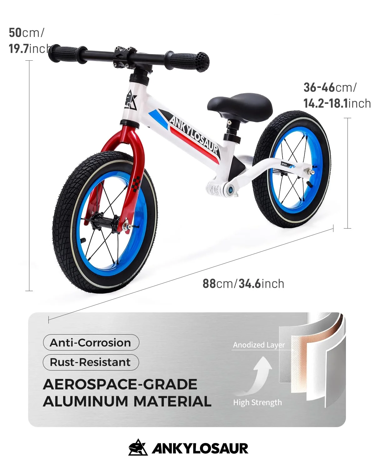 ANKLOSAUR No Pedal Balance Bike, 12 Toddler Bicycle with Adjustable Seat Height Ages 2-5