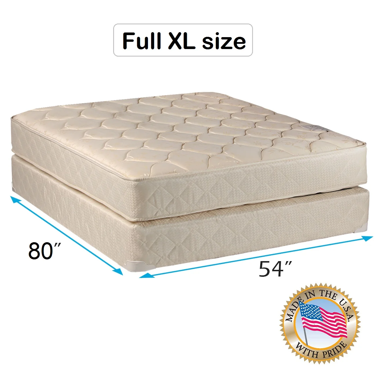 Comfort Classic Gentle Firm Full XL (54x80x9) Mattress and Box Spring Set - Fully Assembled. Orthopedic. Good for your back. Superior Quality - Long Lasting and 1 Sided - By Dream Solutions USA