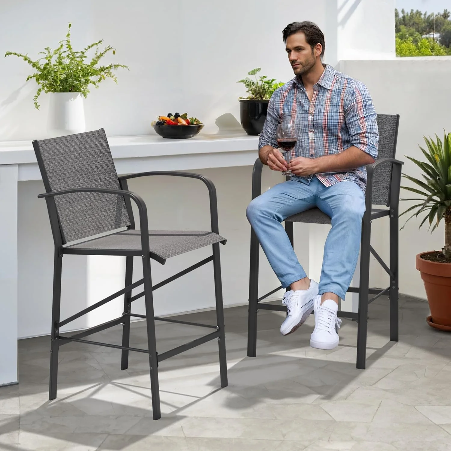 UDPATIO Patio Bar Chairs Set of 2, Outdoor Bar Height Stools, Metal Frame Textilene Tall Barstool with Backs Armrest, High Top Seating for Porch, Deck, Garden, Backyard, Pool, Grey - Curated Treasures Market