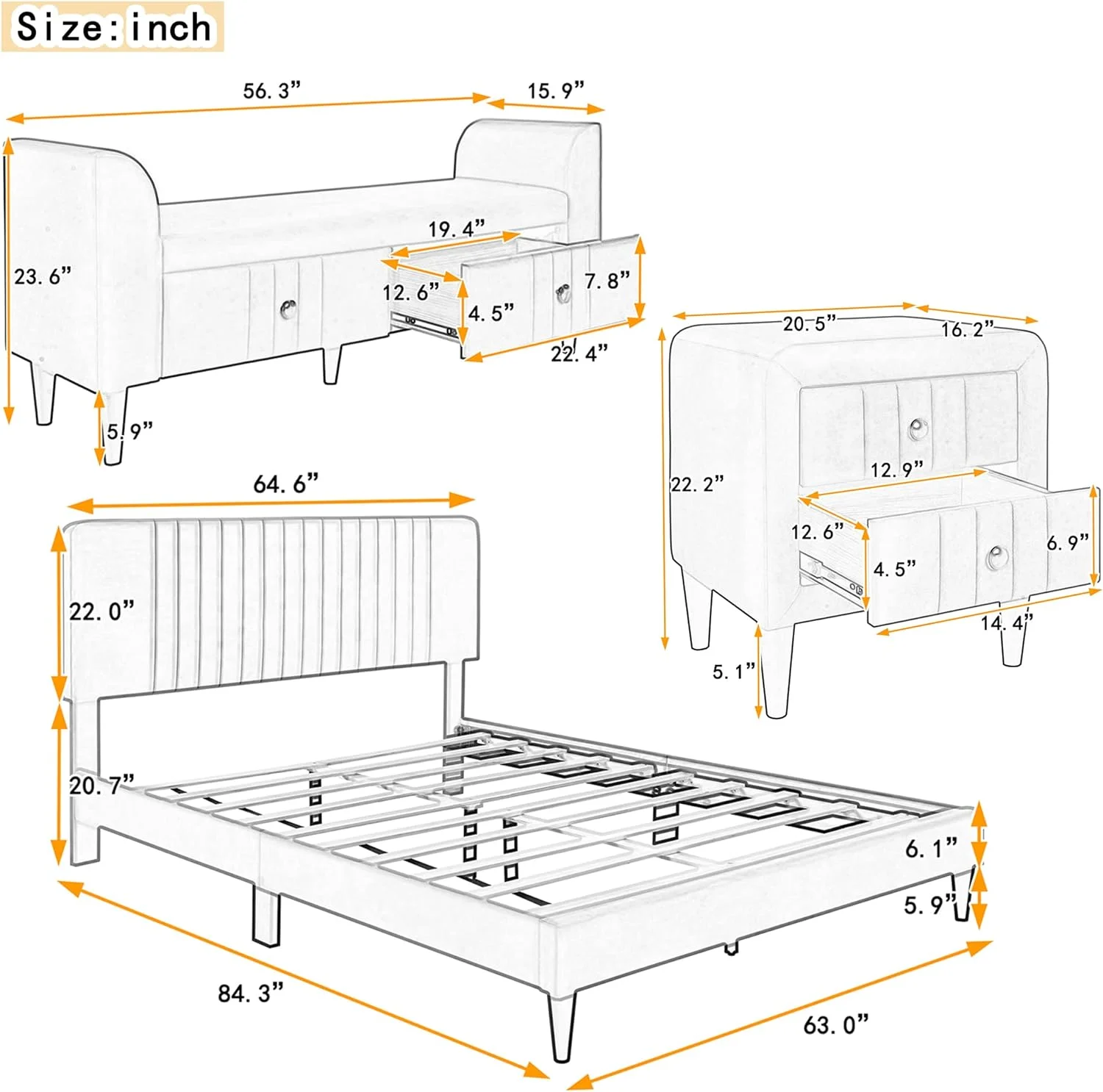 Bedroom Sets Quee Size Upholstered Platform Bed With Two ightstads Ad Storage Bech-Gree