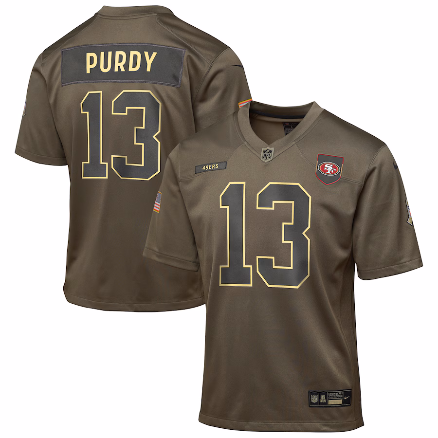 Youth San Francisco 49ers Brock Purdy Nike Olive 2025 Salute to Service Game Jersey