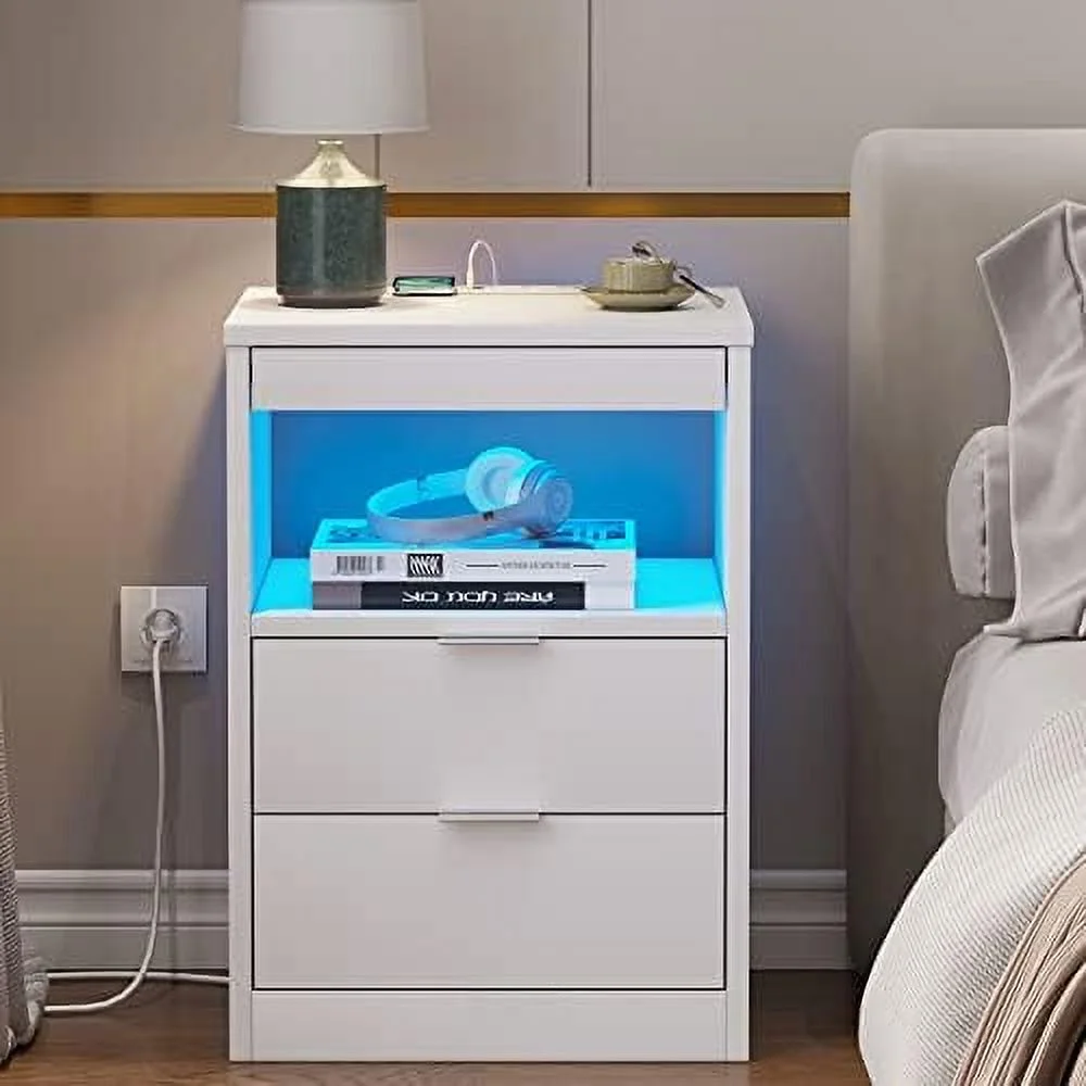 ZFGSUIJN LED Nightstand White Nightstand with Wireless Charging Station 2 Drawers   End  with LED Lights  Wooden Sofa Bedside Table with Pull-Out - Curated Treasures Market