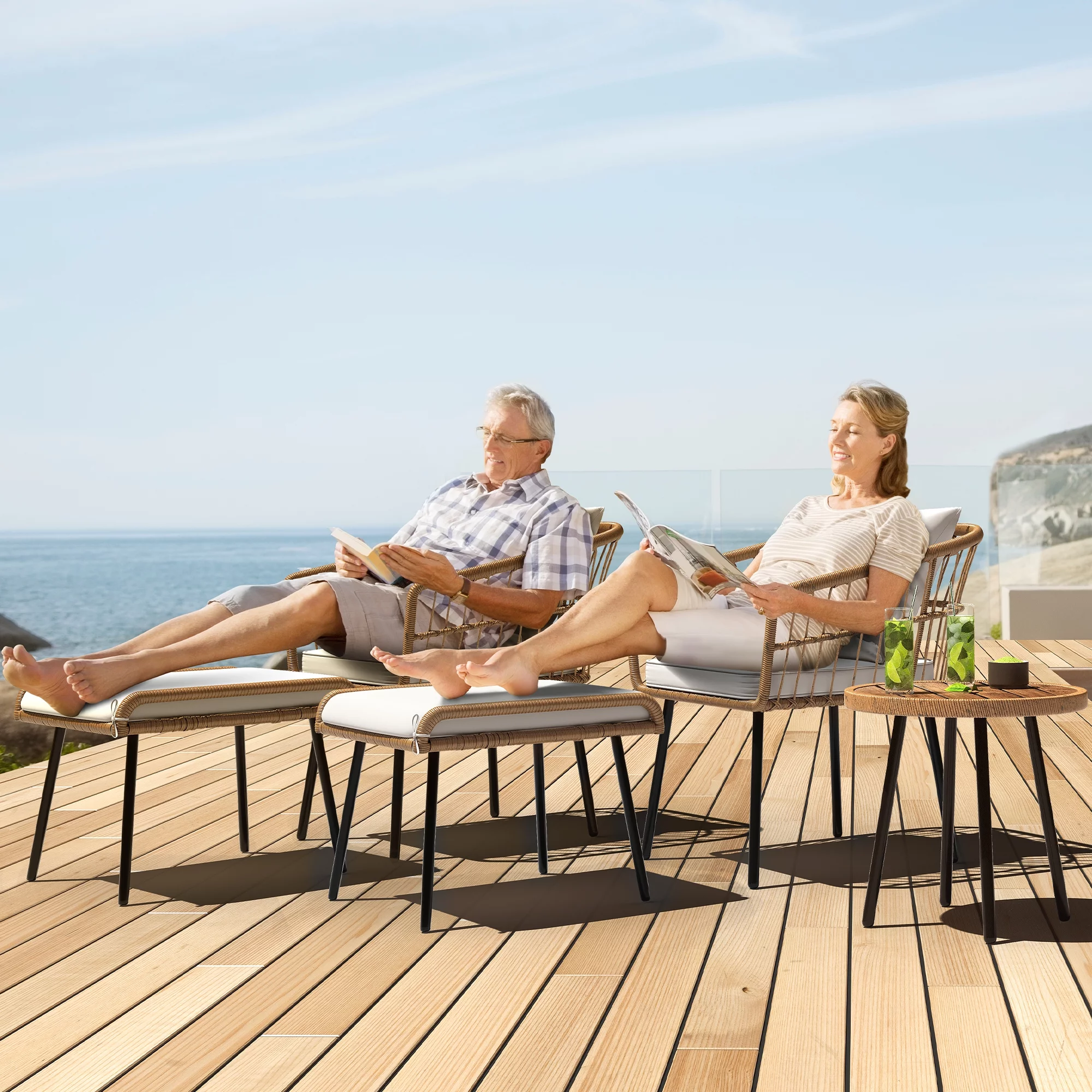 Dextrus 5-Piece Outdoor Wicker Furniture Set, 2 Outdoor Patio Chairs With 2 Ottomans and Coffee Table - Curated Treasures Market