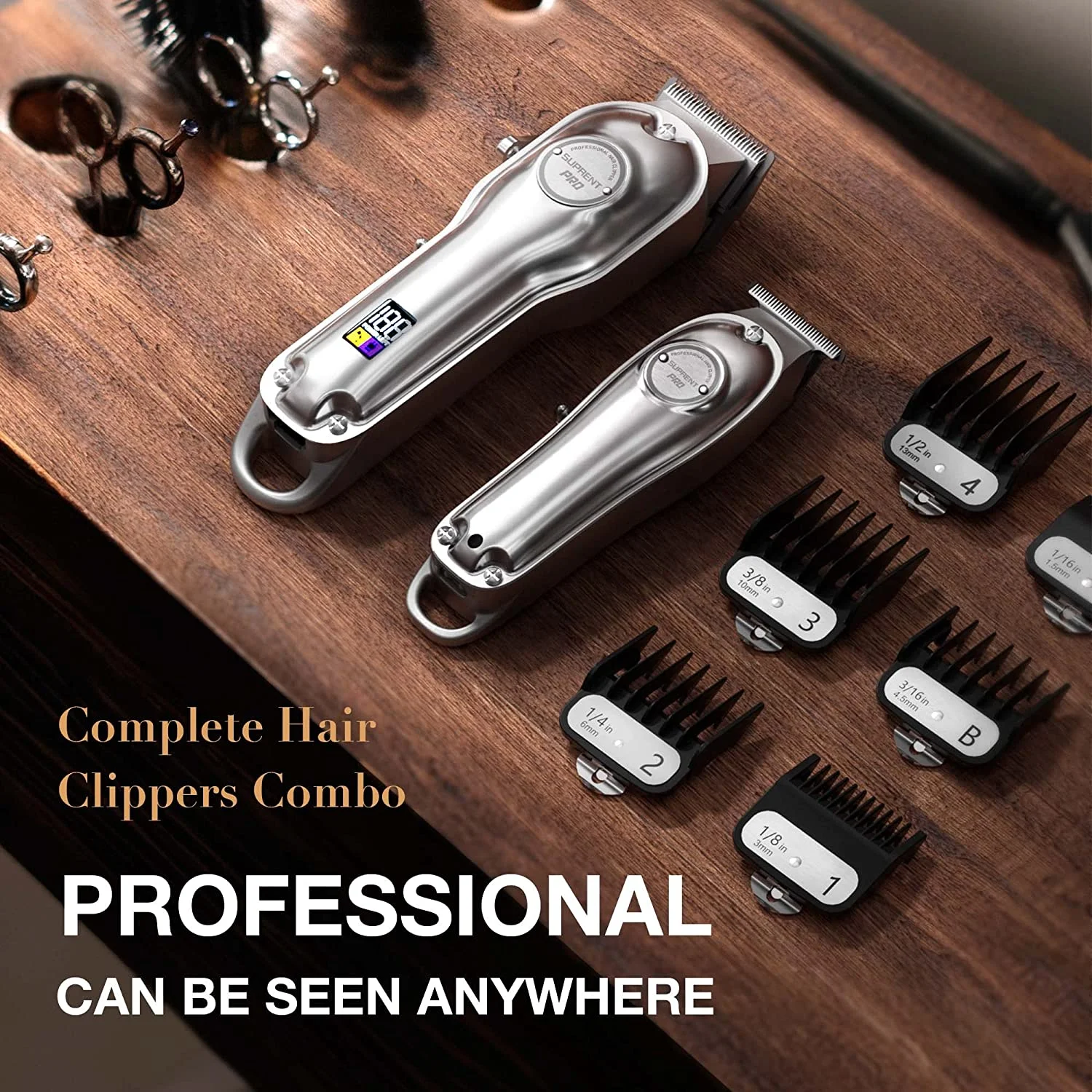SUPRENT? Professional Hair Clippers for Men, Hair Cutting Kit & Zero Gap T-Blade Trimmer Combo, Cordless Barber Clipper Set with LED Display (Silver)