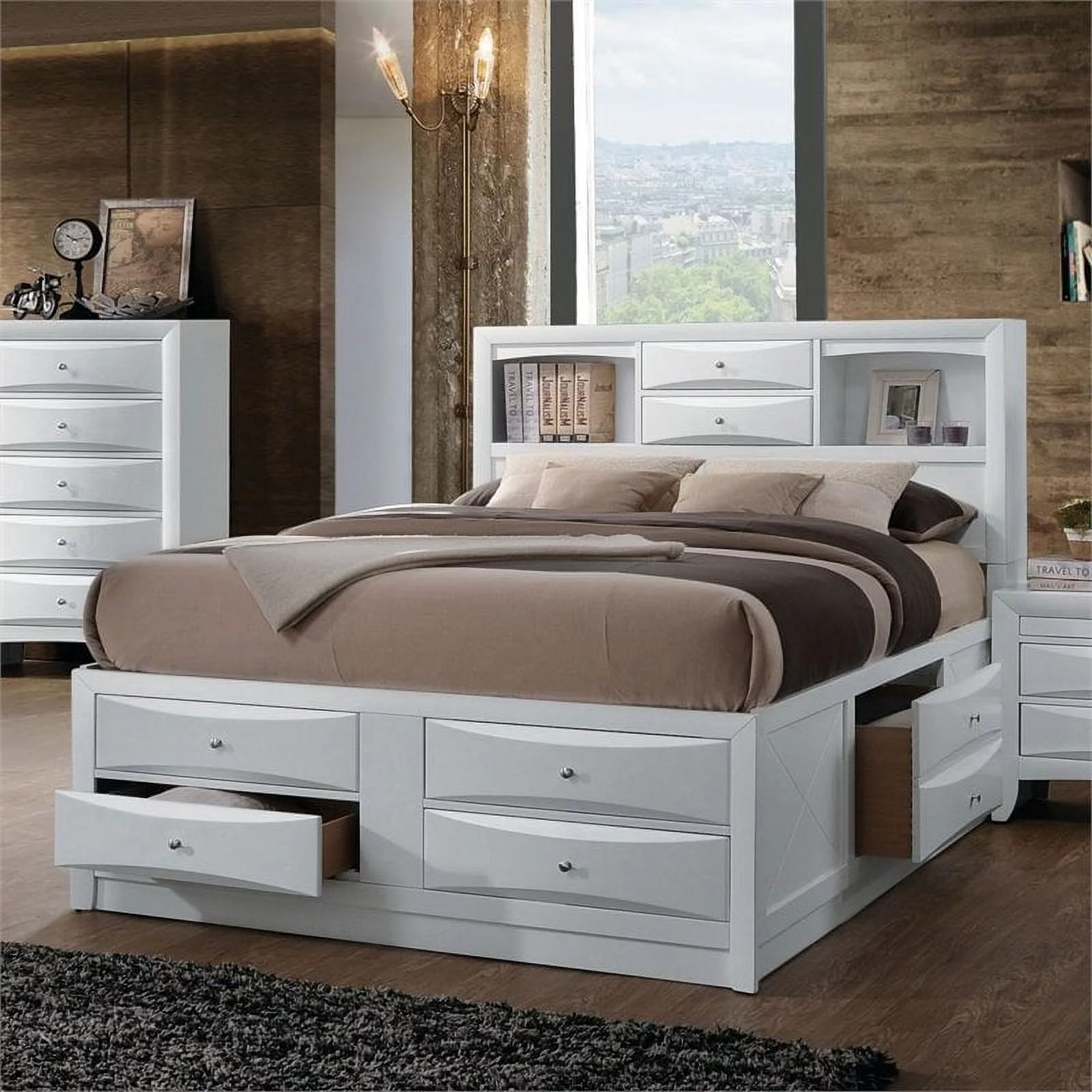 Pemberly Row Transitional Wood Queen Bed with Storage in White