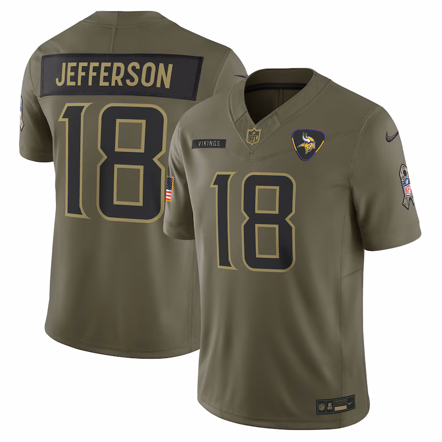 Men's Minnesota Vikings Justin Jefferson Nike Olive 2025 Salute to Service Limited Jersey