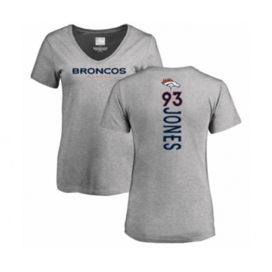 Football Women's Denver Broncos #93 Dre'Mont Jones Ash Backer V-Neck T-Shirt