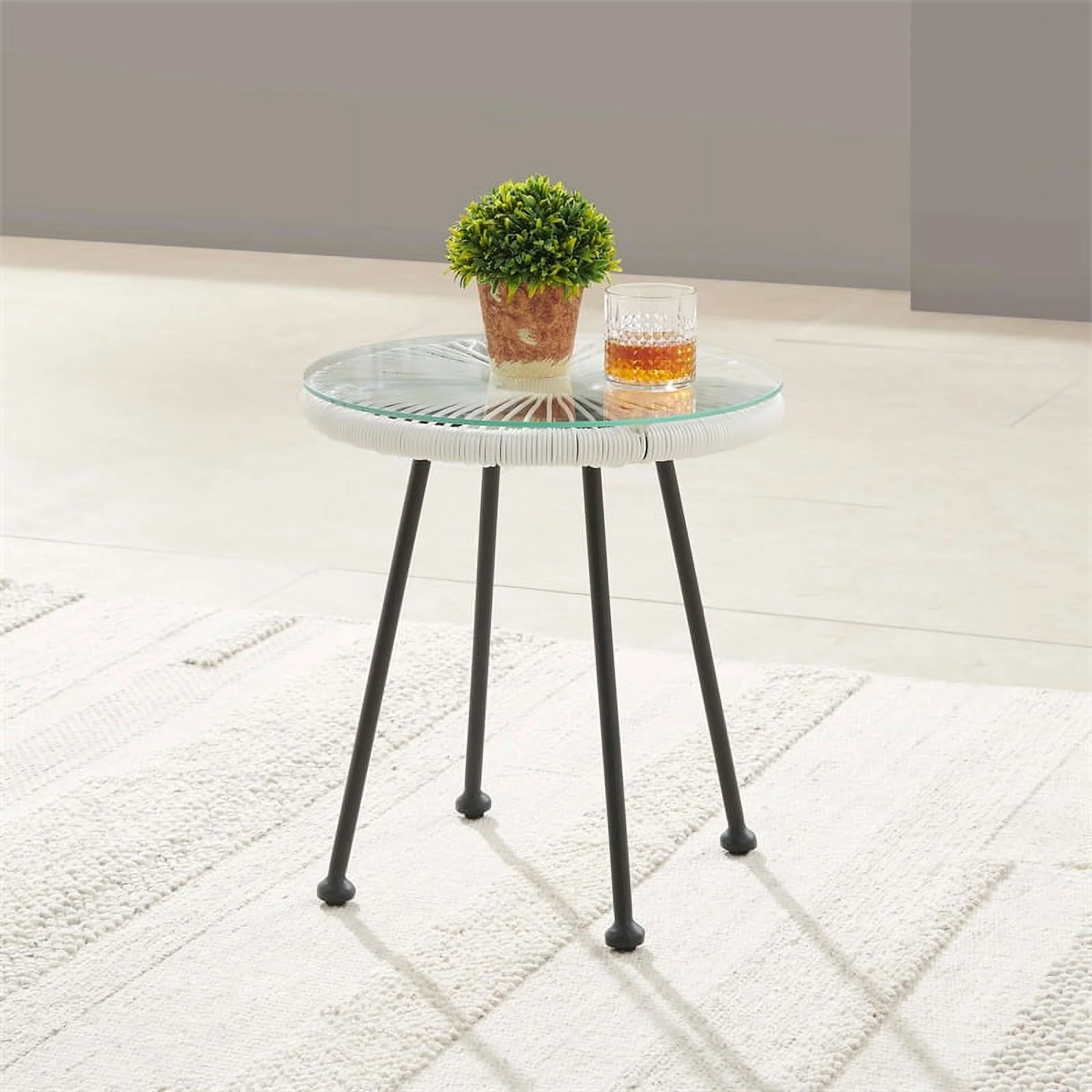Linon Tallie Outdoor Round Side Table White Wicker Top and Steel Legs in Black - Curated Treasures Market
