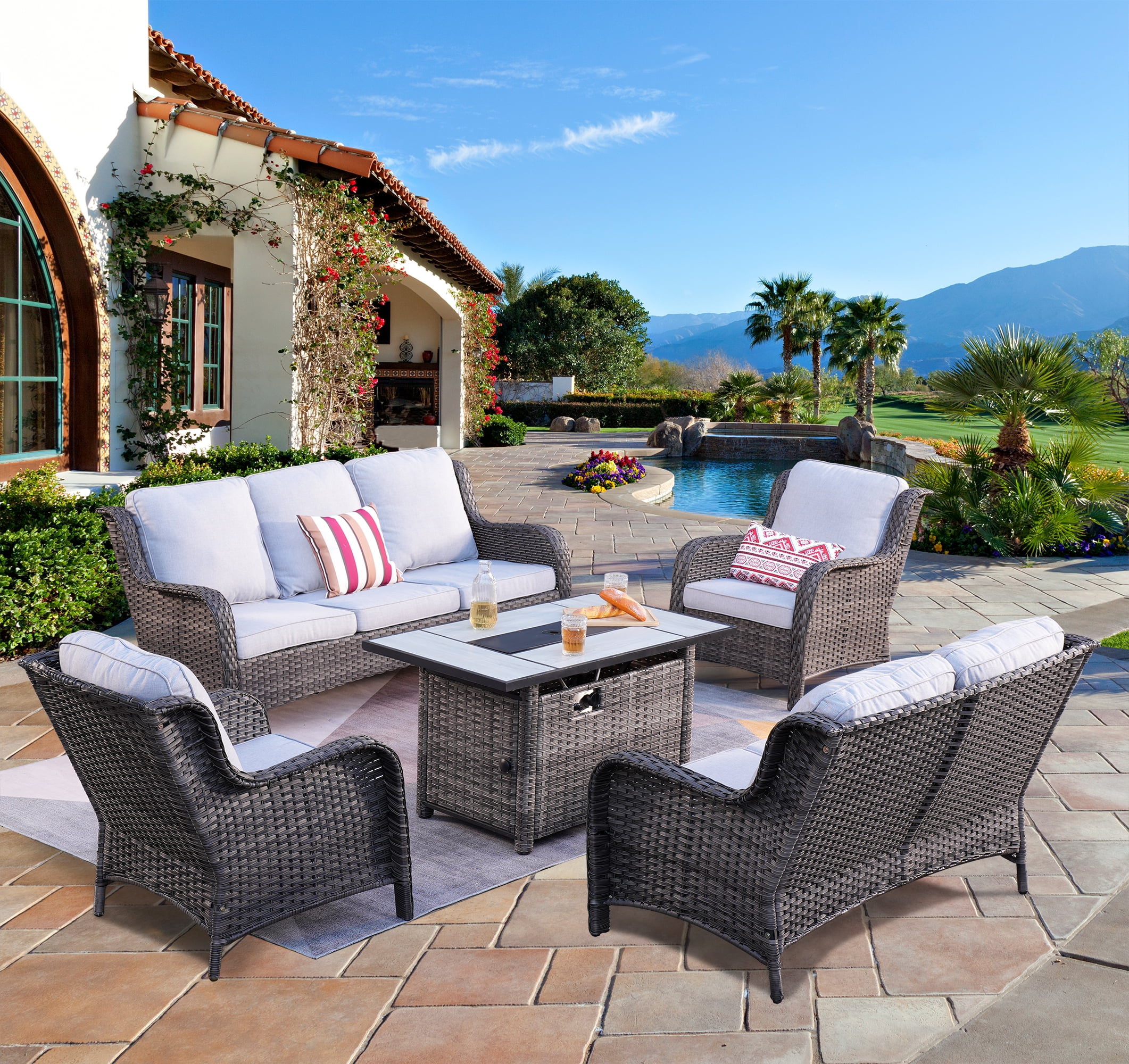 Ovios 5 Pieces Outdoor Patio Furniture with Rectangle Fire Pit Table Wicker Patio Sectional Sofa with Loveseat for Backyard - Curated Treasures Market