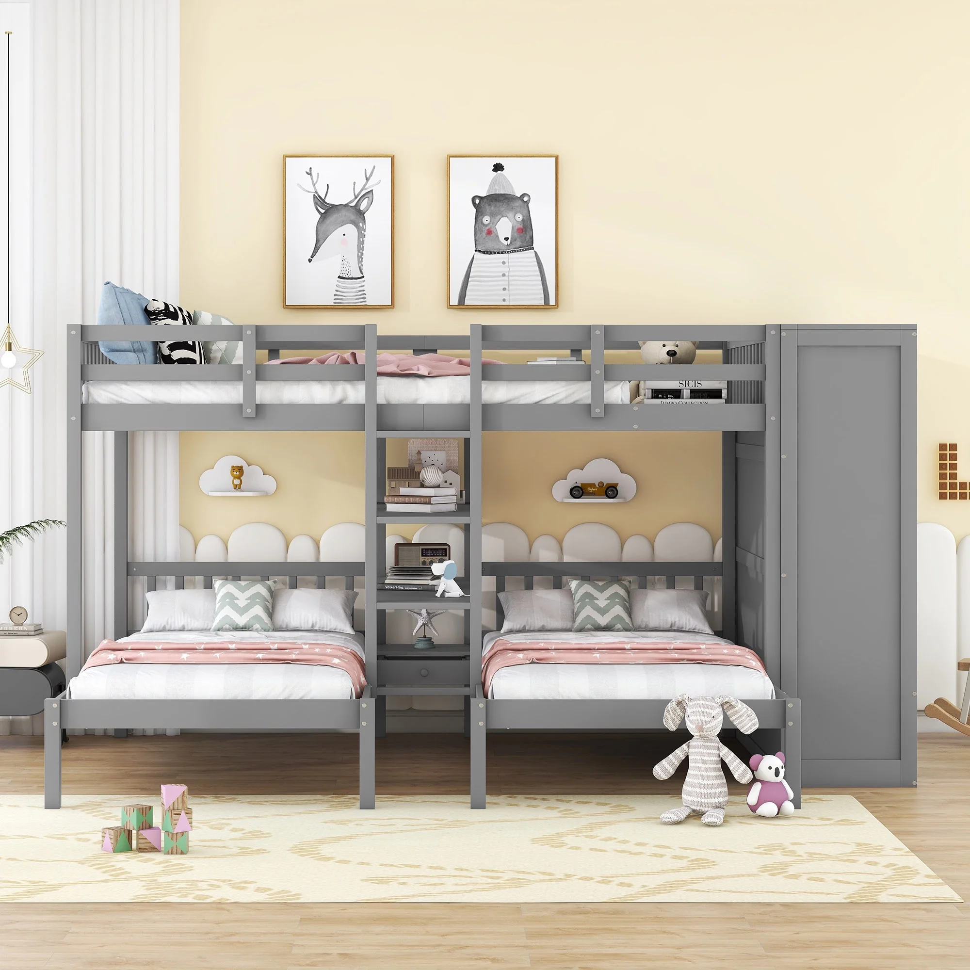 Churanty Full-Over-Twin-Twin Bunk Bed with Shelves, Wardrobe and Mirror, Gray - Curated Treasures Market