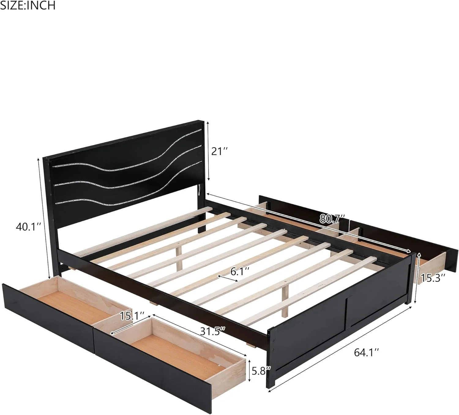 Quee Size Bed Frame With Headboard Ad LED Lights. Wood Platform Bed With 4 Storage Drawers. Black