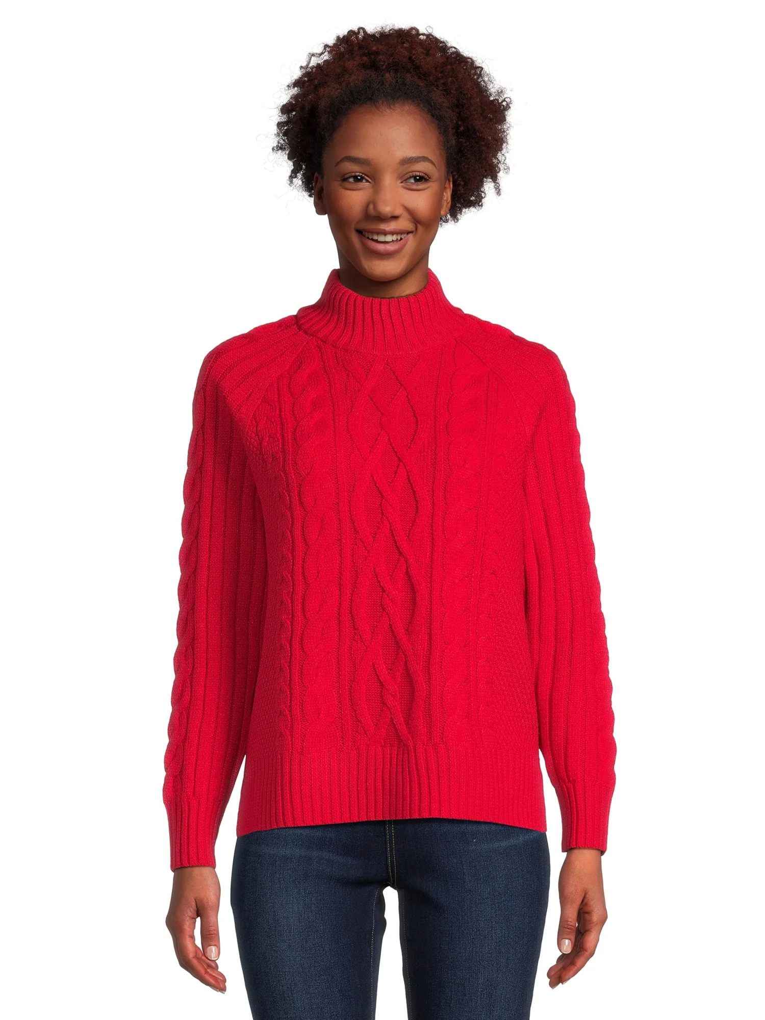 Time and Tru Women's Mock Neck Cable Pullover Sweater, Midweight, Sizes S-XXXL
