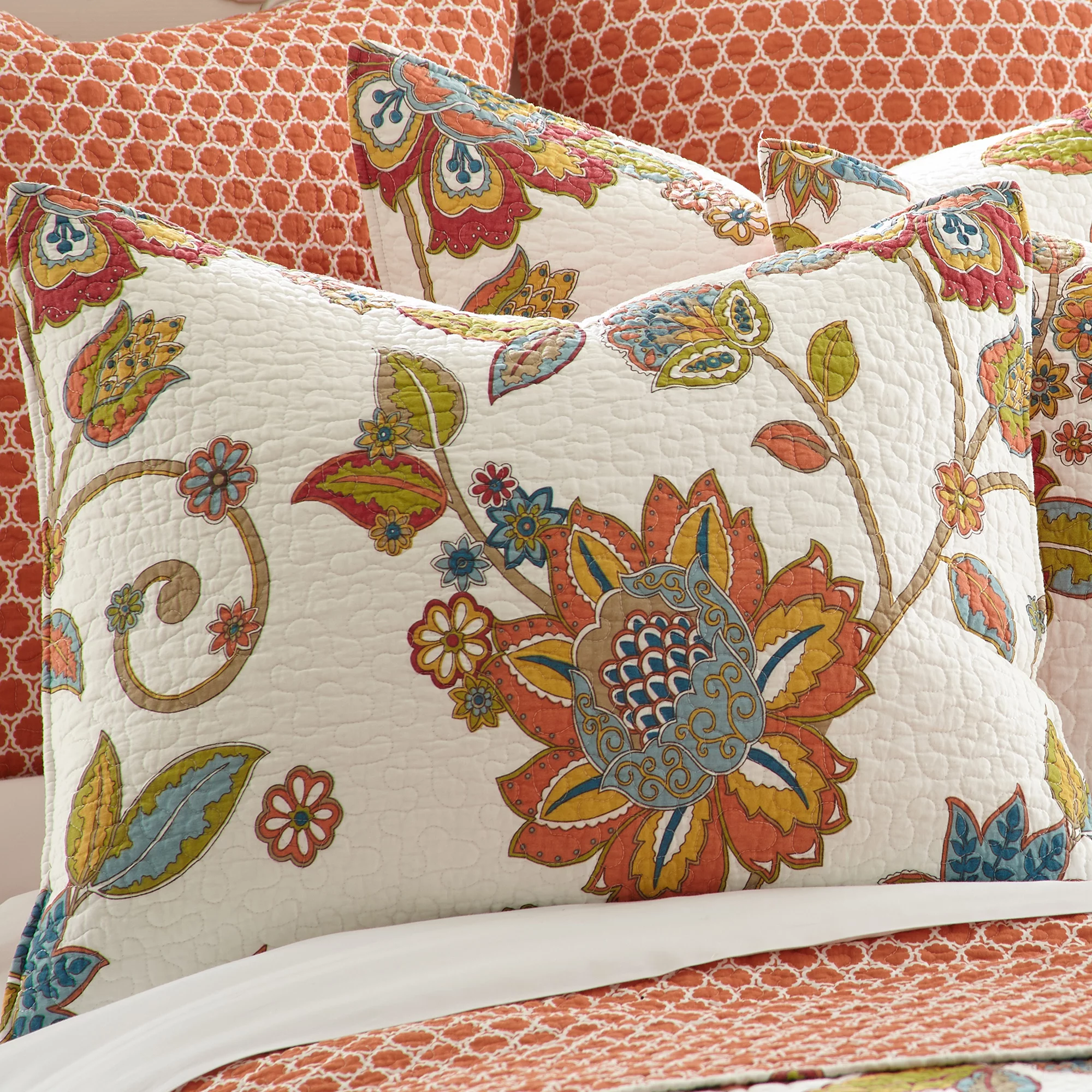 Levtex Home - Clementine Quilt Set - King Quilt + Two King Pillow Shams - Floral - Orange , Yellow, Teal, Ivory - Quilt (106x92in.) and Pillow Shams (36x20in. ) - Reversible - Cotton Fabric - Curated Treasures Market