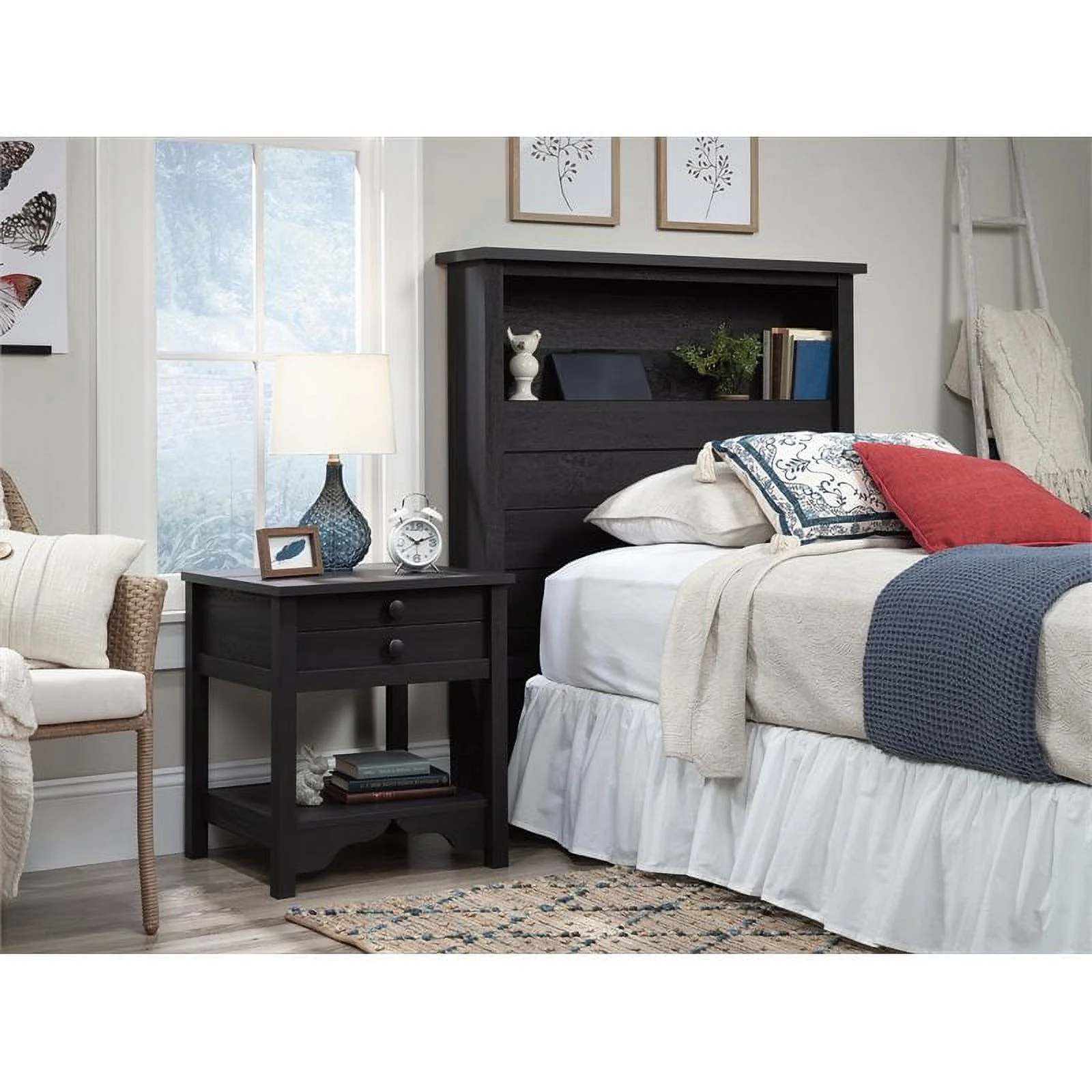 Pemberly Row Traditional Engineered Wood Twin Bookcase Headboard in Raven Oak