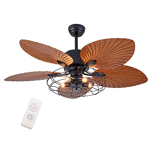 TOWOHIPPKI 52'' Tropical Ceiling Fans with 5 Palm Leaf Blades, 52 Inch Palm Leaf Fanlight with with Light and Remote, Hand-Carved Reversible Blades Chandelier Fan For Living Room Bedroom