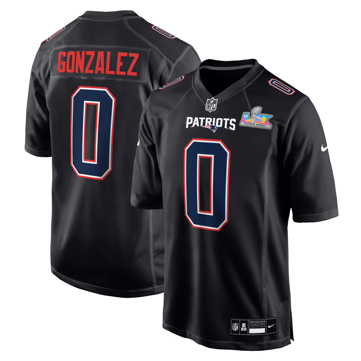 Men's New England Patriots Christian Gonzalez Nike Black Super Bowl LX Patch Carbon Fashion Game Jersey