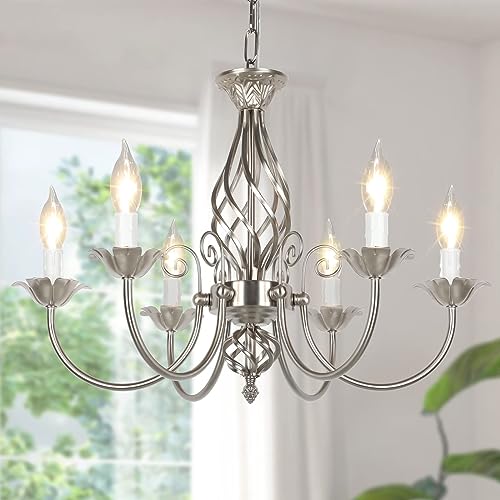 DTREEL Pendant Light Hanging Light 6-Light Farmhouse Candle Chandelier for Living Room, Rustic Industrial Pendant Ceiling Light Fixture, Brushed Nickle Modern Ceiling Hanging Lamp for Bedroom Hallway