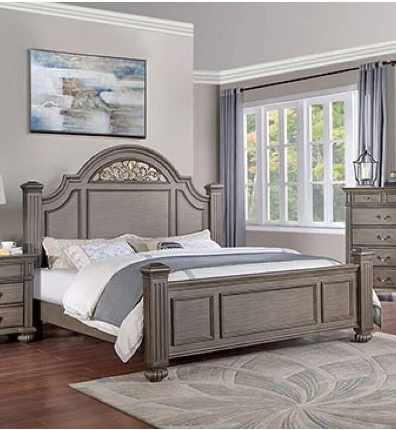 Majestic Formal Bedroom 1pc Queen Size Bed Gray Solid wood Furniture Posts Headboard FB Floral Pattern