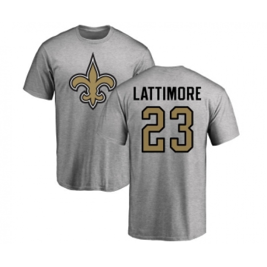 Football New Orleans Saints #23 Marshon Lattimore Ash Name & Number Logo T-Shirt