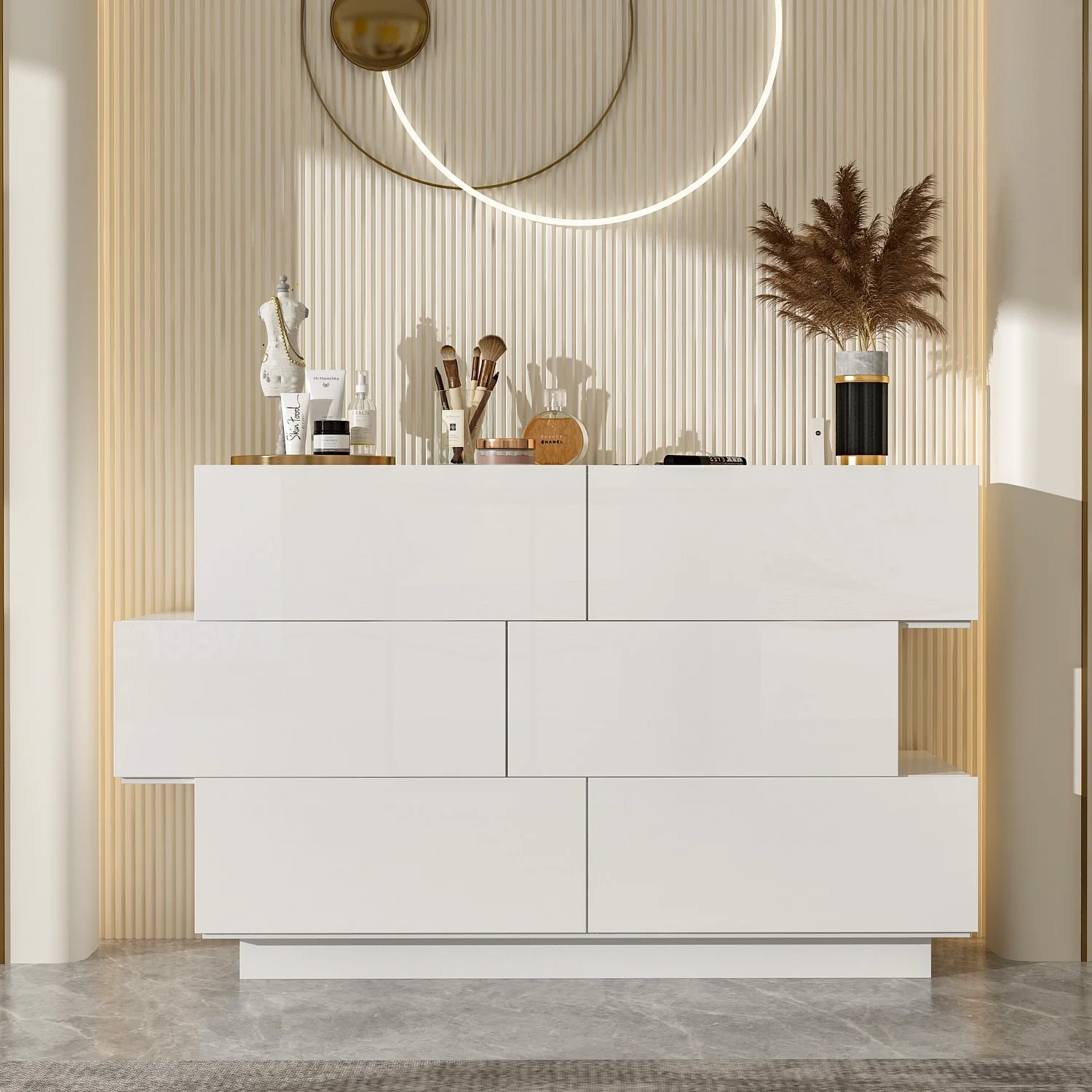 High Glossy Six-Drawer Dresser Chest with Off-Set Design (Black/White) White - Curated Treasures Market