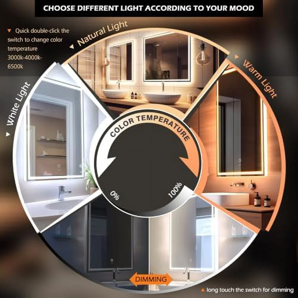 GVJMTKP 28 x 36 Inch LED Bathroom Vanity Mirror  Anti-Fog Dimmable Lights  Easy to Install  Horizontal/Vertical Wall Mounted  Mirror with Smart Touch Button - Curated Treasures Market