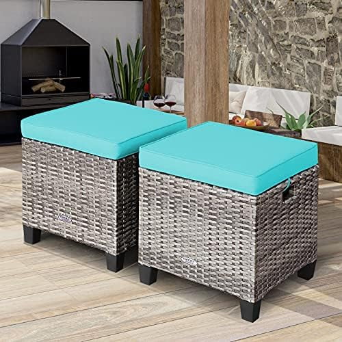 CLKHGFAR 2 Pieces Outdoor Patio Ottoman  All Weather Rattan Wicker Ottoman Seat  Patio Rattan   Outdoor Footstool Footrest Seat w/Removable Cushions - Curated Treasures Market