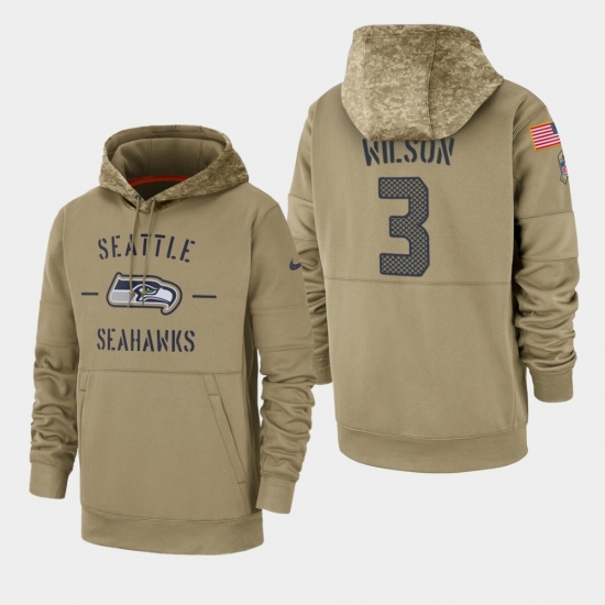 Men's Seattle Seahawks #3 Russell Wilson 2019 Salute to Service Sideline Therma Pullover Hoodie - Tan