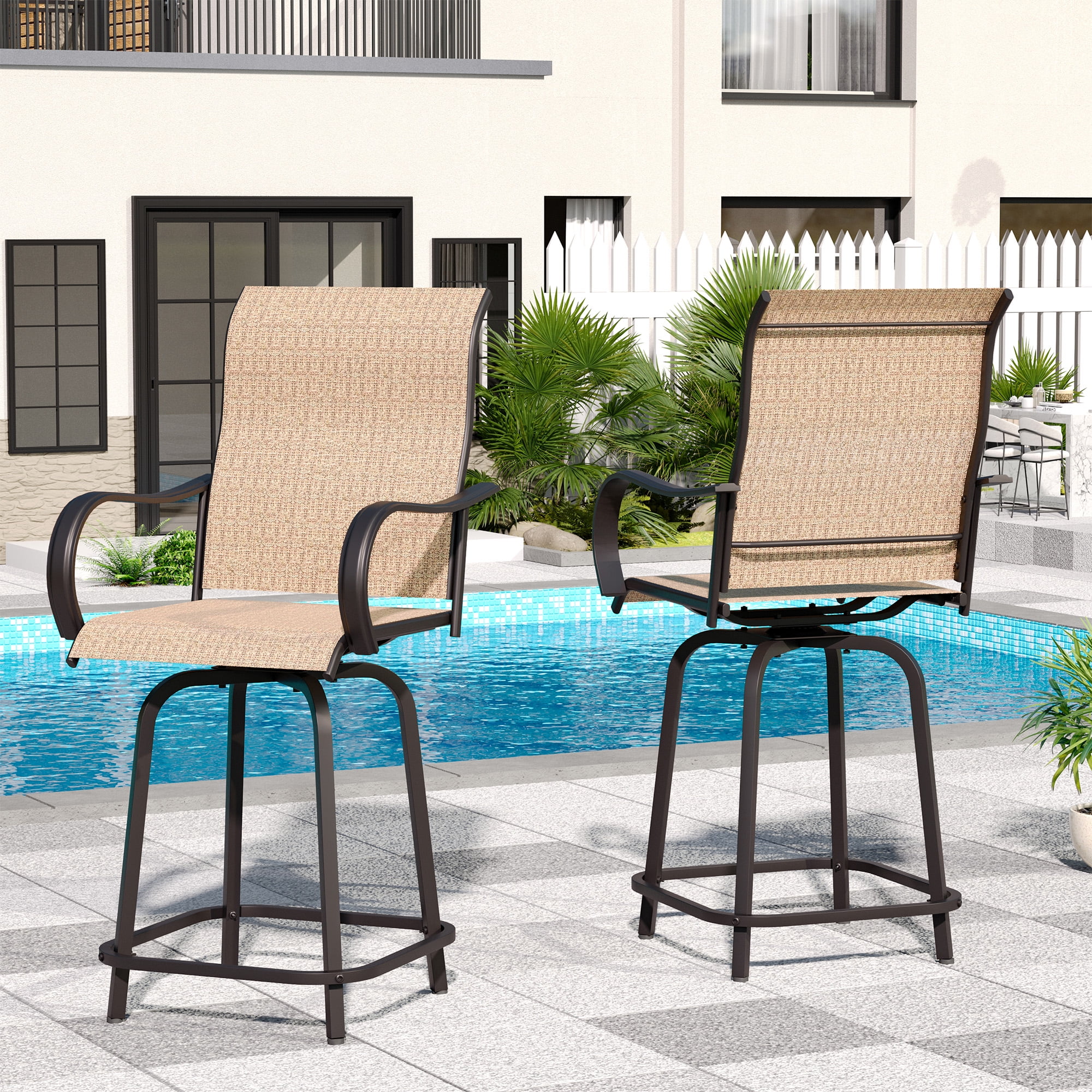 ELPOSUN Patio Swivel Bar Stools Chair of 2, Outdoor Bar Height Set, All Weather High Back and Armrest Rocking Stools & Bar Chairs for Backyard, Lawn Garden, Balcony and Pool, Brown - Curated Treasures Market