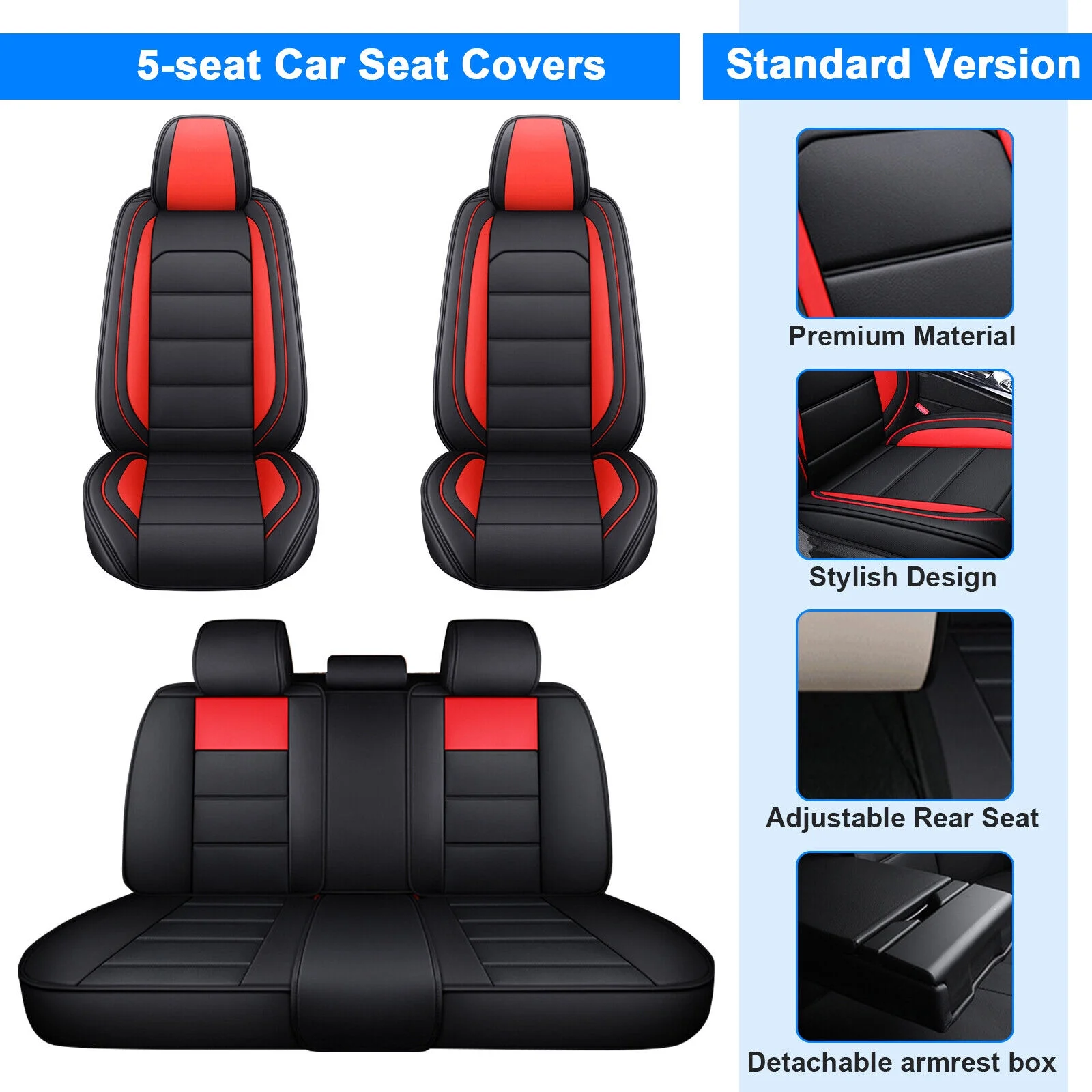 Car Seat Covers for Toyota Corolla, Premium 5 Seats PU Leather Auto Seat Cushions Protector, Front Rear Full Set for RAV4/ Echo/ Matrix/ Prius Black&Red - Curated Treasures Market