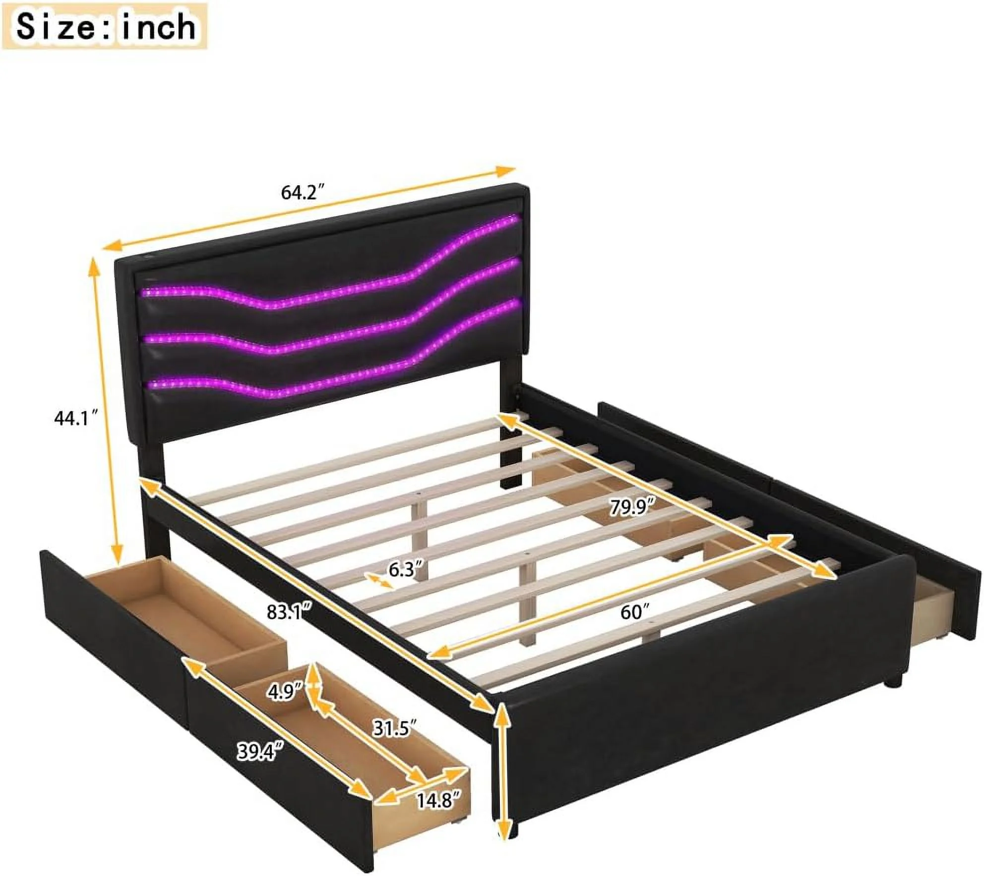 Queen Size Platform Bed. Modern PU Leather Upholstered Bed Frame with LED Lights. USB Charging and 4 Storage Drawers for Living Room Bedroom Lounge