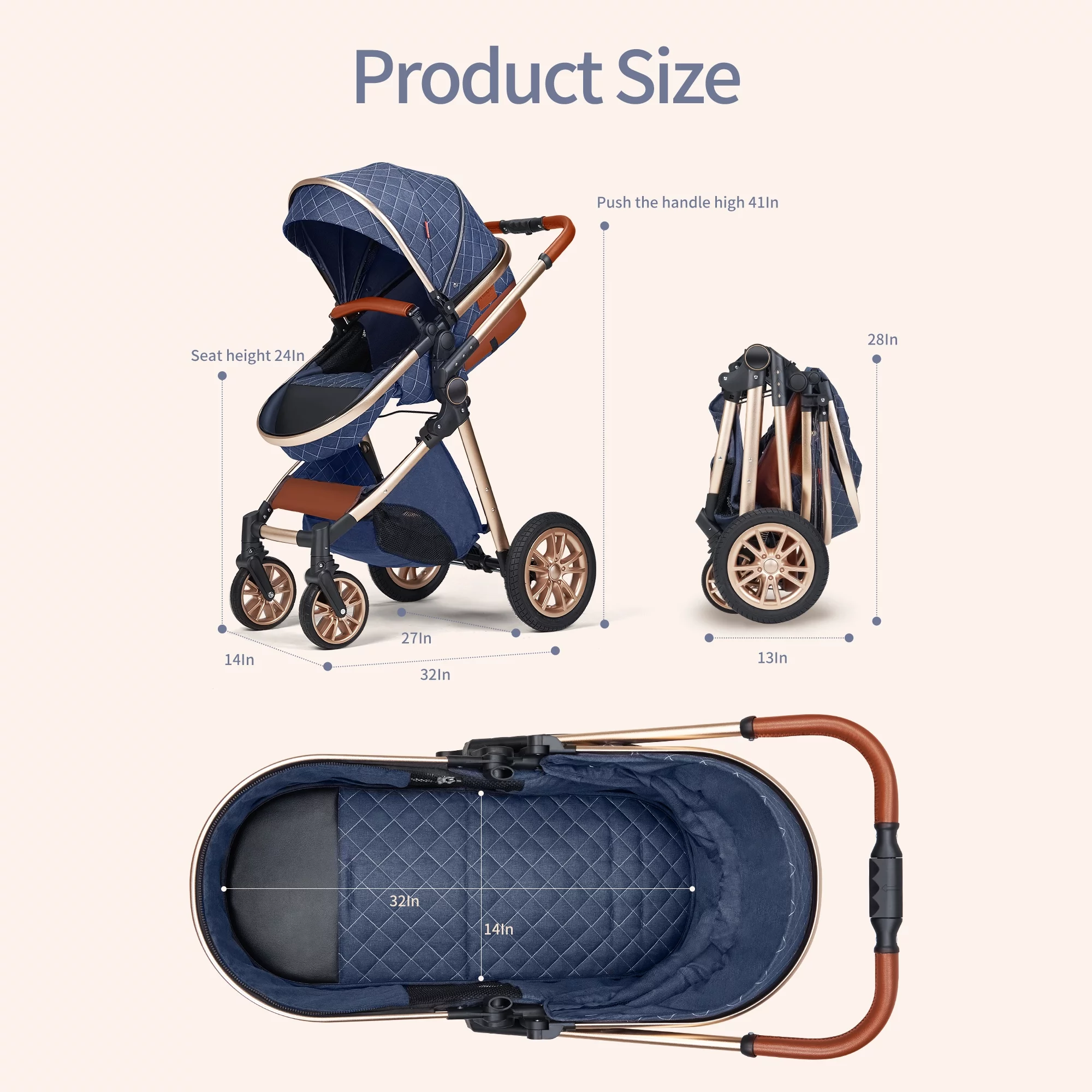 High Landscape Stroller 0-36 Months Kids Unisex Folding Infant Newborn Bassinet Pram(Brown) - Curated Treasures Market