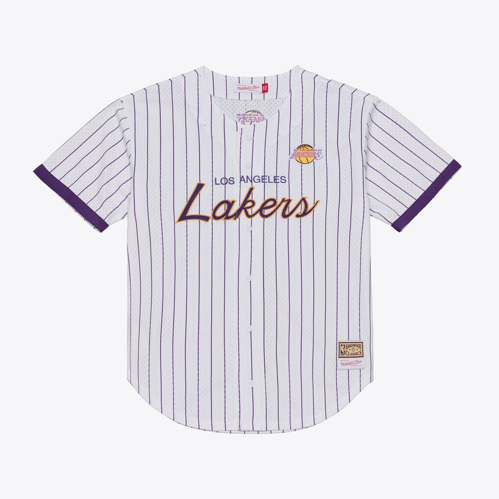 Men's Los Angeles Lakers Mitchell & Ness White Head Coach Pinstripe Mesh Full-Button Baseball Jersey
