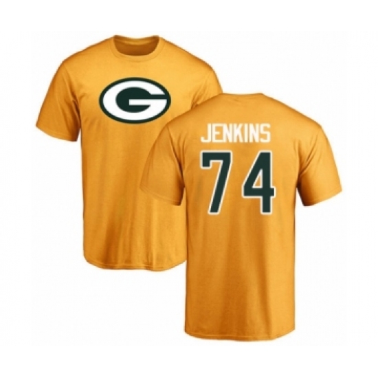 Football Green Bay Packers #74 Elgton Jenkins Gold Name & Number Logo T-Shirt