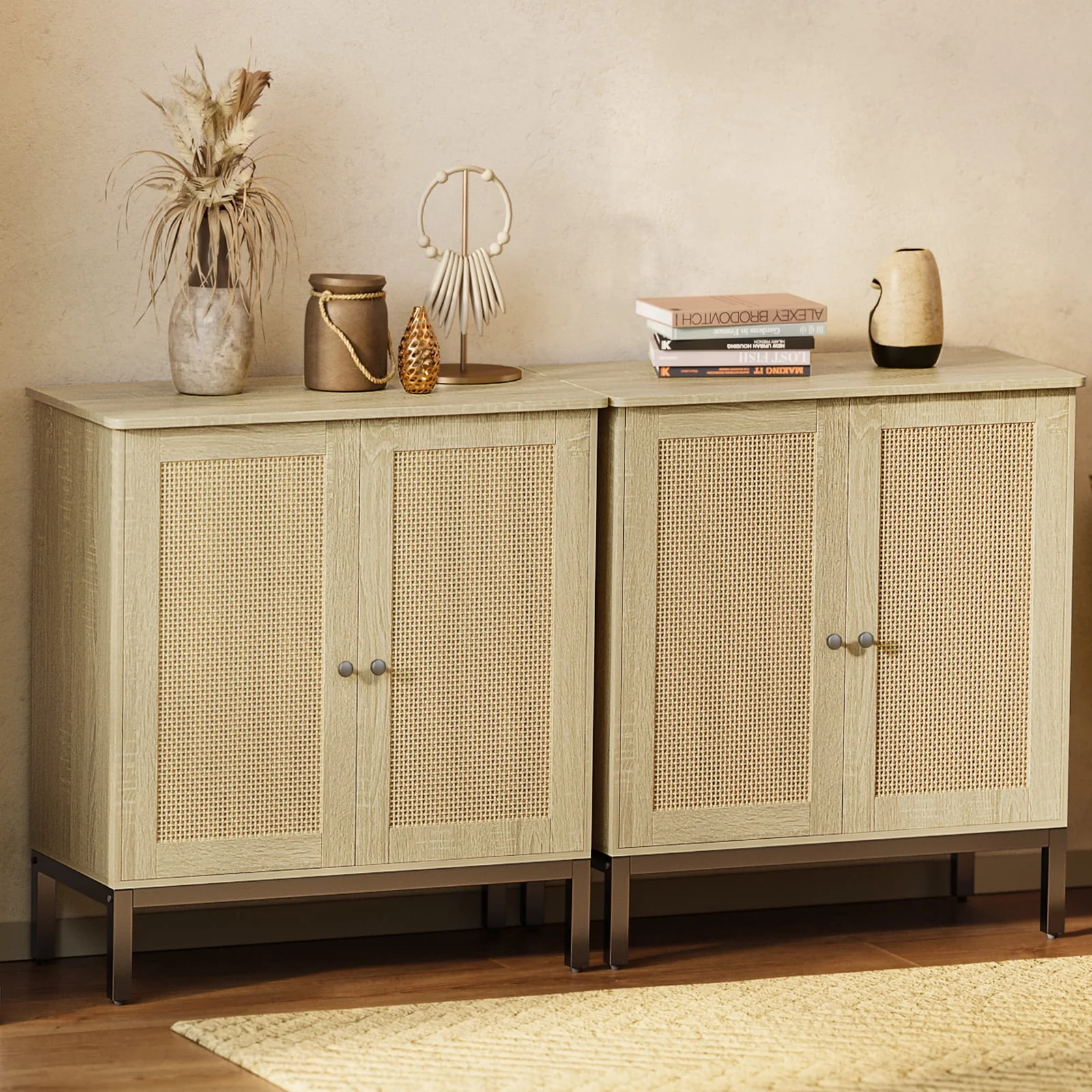 Buffet Storage Cabinet with Rattan Doors,Rattan Sideboard, Kitchen Storage Cabinet,Natural