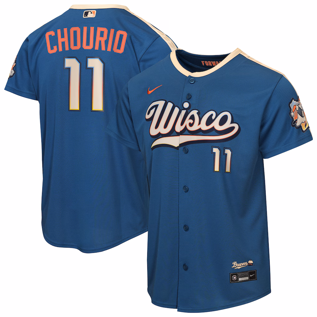 Youth Milwaukee Brewers Jackson Chourio Nike Mineral Blue 2026 City Connect Stadium Jersey