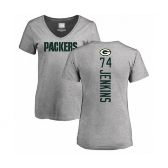 Football Women's Green Bay Packers #74 Elgton Jenkins Ash Backer V-Neck T-Shirt