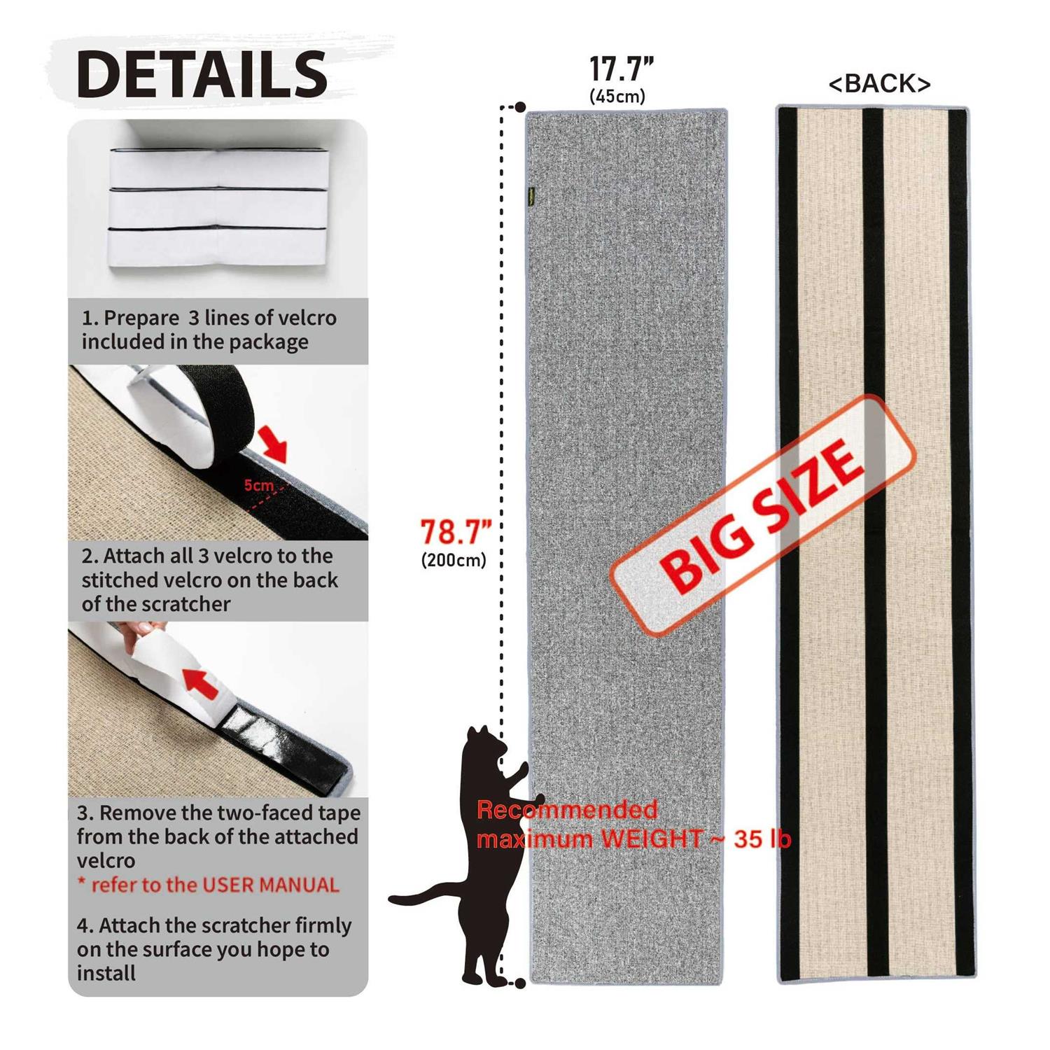 myPLEASURE for Your PET 78.7” Tall Cat Scratcher Wall Corner Attachable Cat Scratch Pad Cat Toys Attachable Scratcher for Indoor Cats and