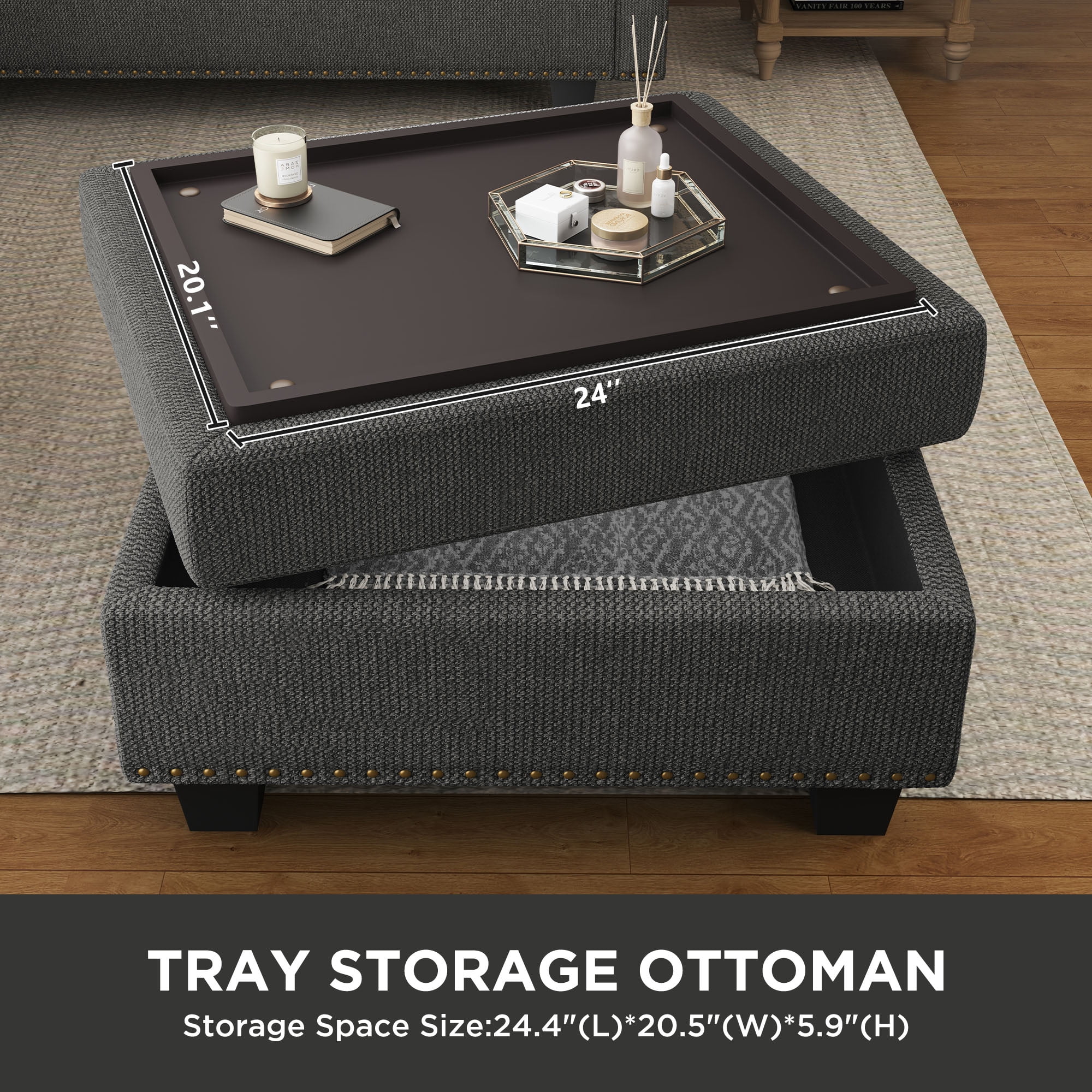 HONBAY Modern Convertible Nailhead Trim Sofa Set with Storage Ottoman, Dark Gray Sofa Set for Living Room - Curated Treasures Market