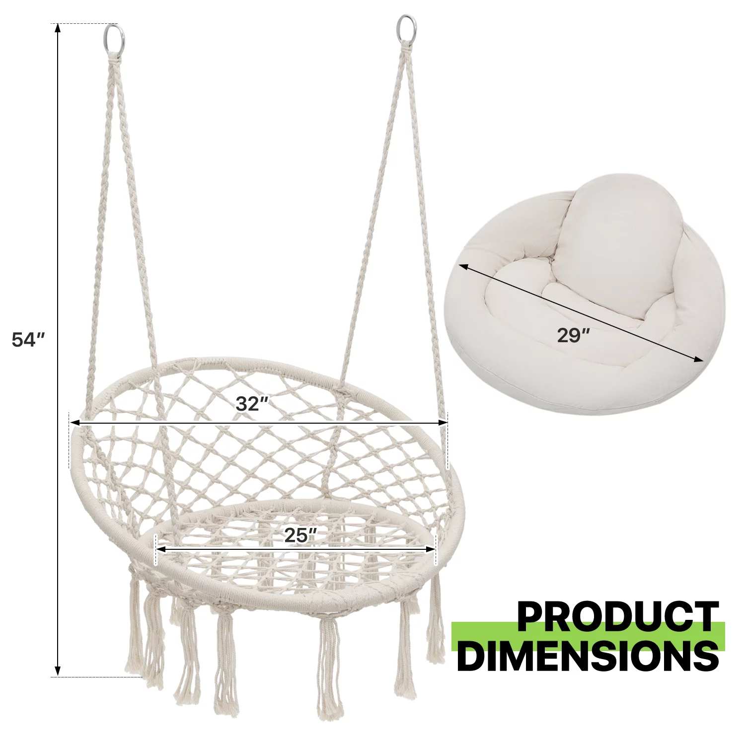 Magshion Hammock Chair Macrame Swing Chair with Cushion, 350lbs Weight Capacity, Hanging Chair Cotton Rope Hammock Chair Swing for Indoor and Outdoor Use, White - Curated Treasures Market