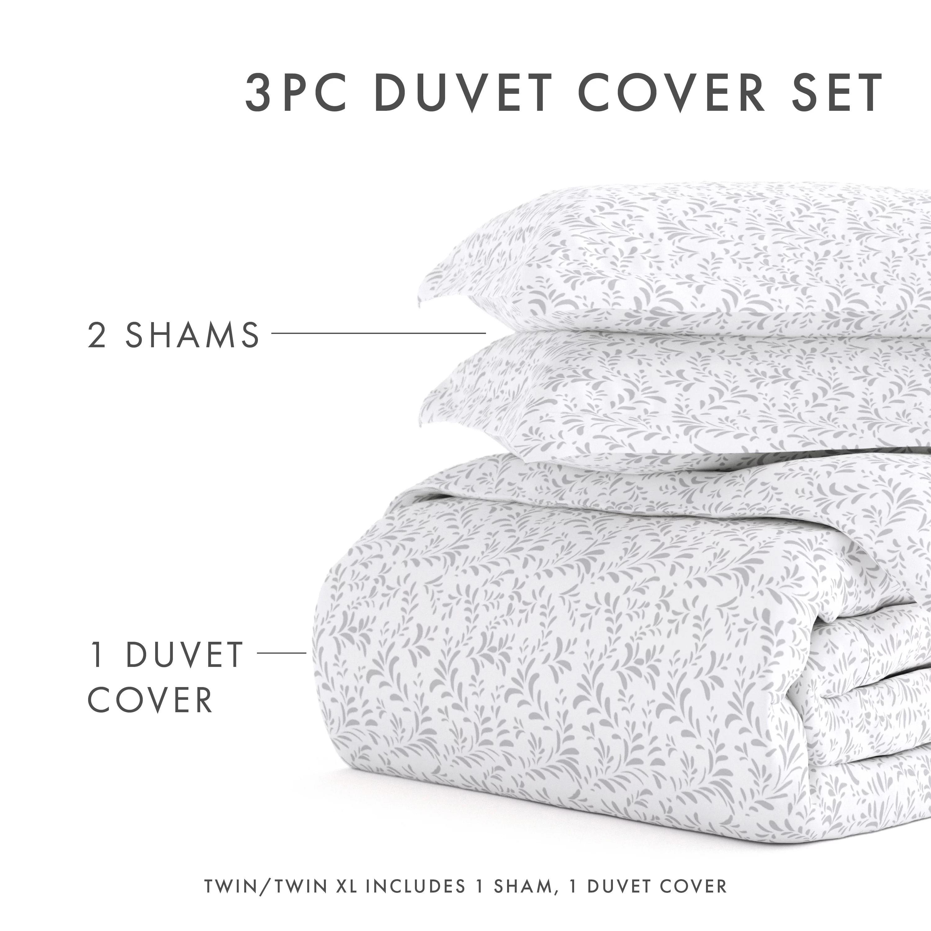 Noble Linens Light Gray Burst of Vines Print 3-Piece Duvet Cover Set, Full/Queen - Curated Treasures Market