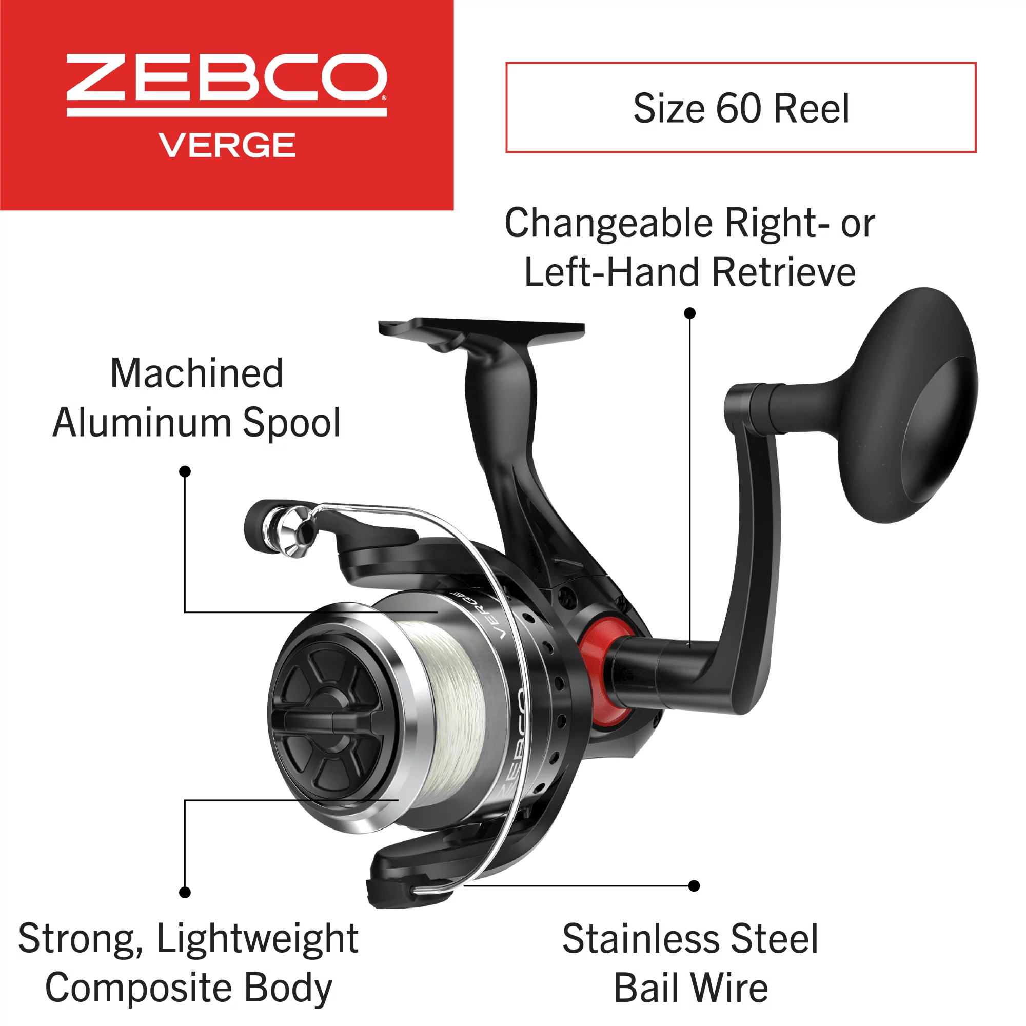 Zebco Verge Spinning Fishing Reel, Size 30 Reel, Changeable Right- or Left-Hand Retrieve, Pre-Spooled with 10-Pound Zebco Fishing Line, All-Metal Gears, TRU Balance Rotor, Black
