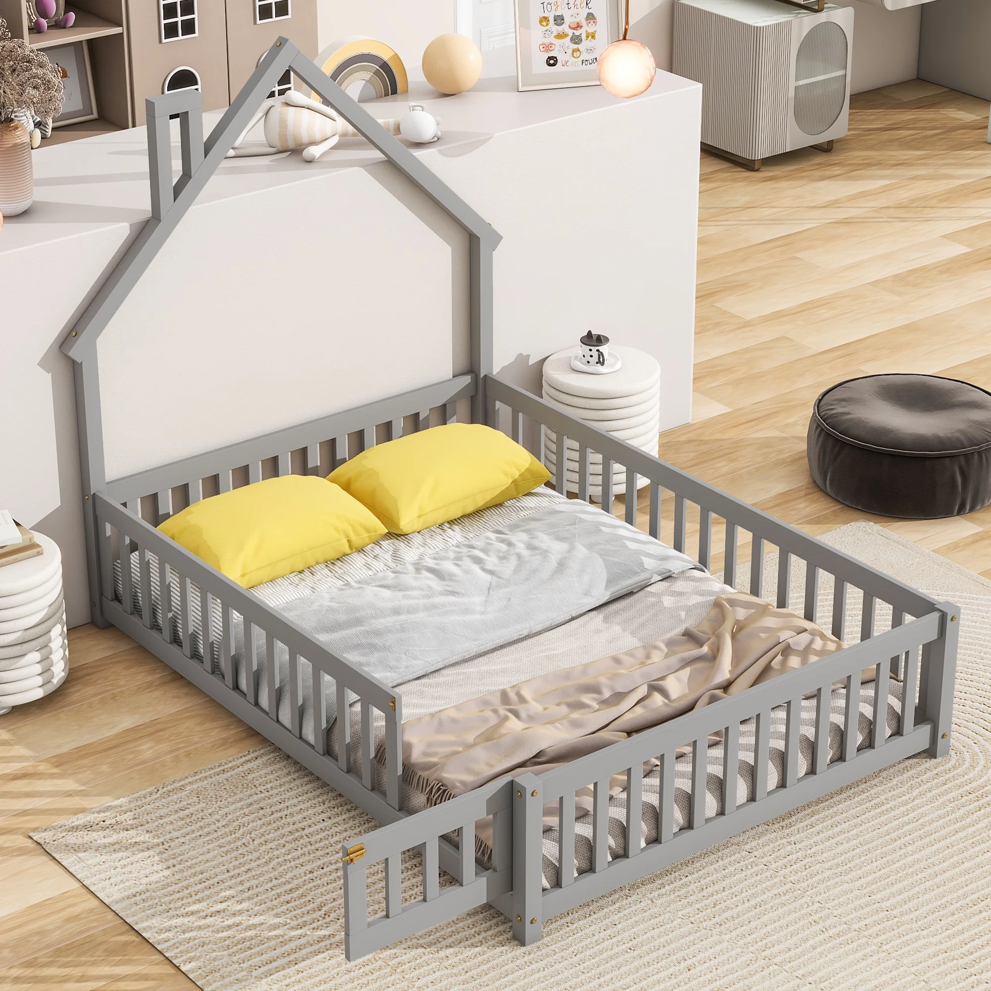 PAPROOS Full Size Floor Bed for Kids, Wood Toddler Floor Bed with Fence and Door, Full Floor Platform Bed with House-Shaped Headboard, Gray - Curated Treasures Market