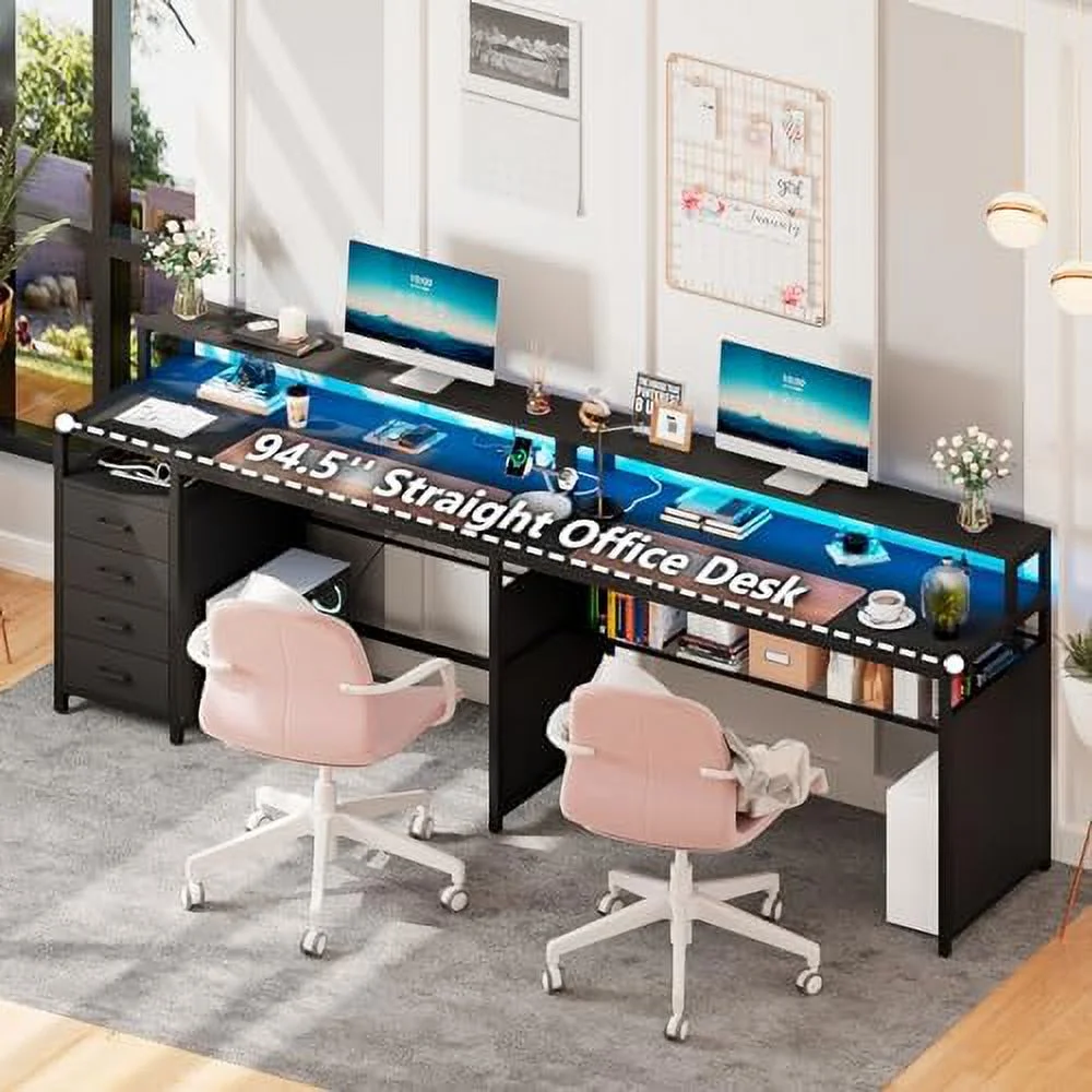 TJCGDTY L Shaped Desk with LED Lights & Power Outlets  Reversible Home Office Desk with Drawers & Bookshelf  Gaming Desk with Full Size Monitor Stand  Study Writing Desk Workstati - Curated Treasures Market