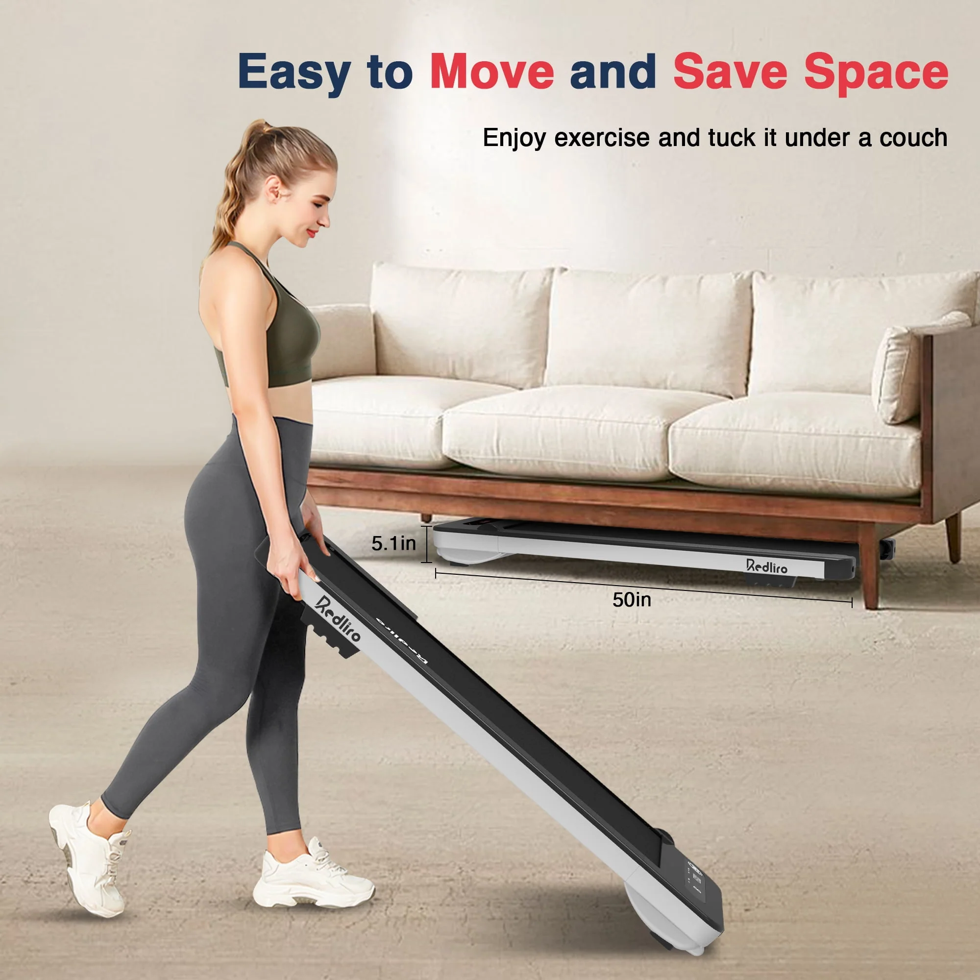 Redliro Under Desk Treadmill Walk Pad 2.25HP 300LBS Anti-Slip Belt Compact for Home Office, Silver