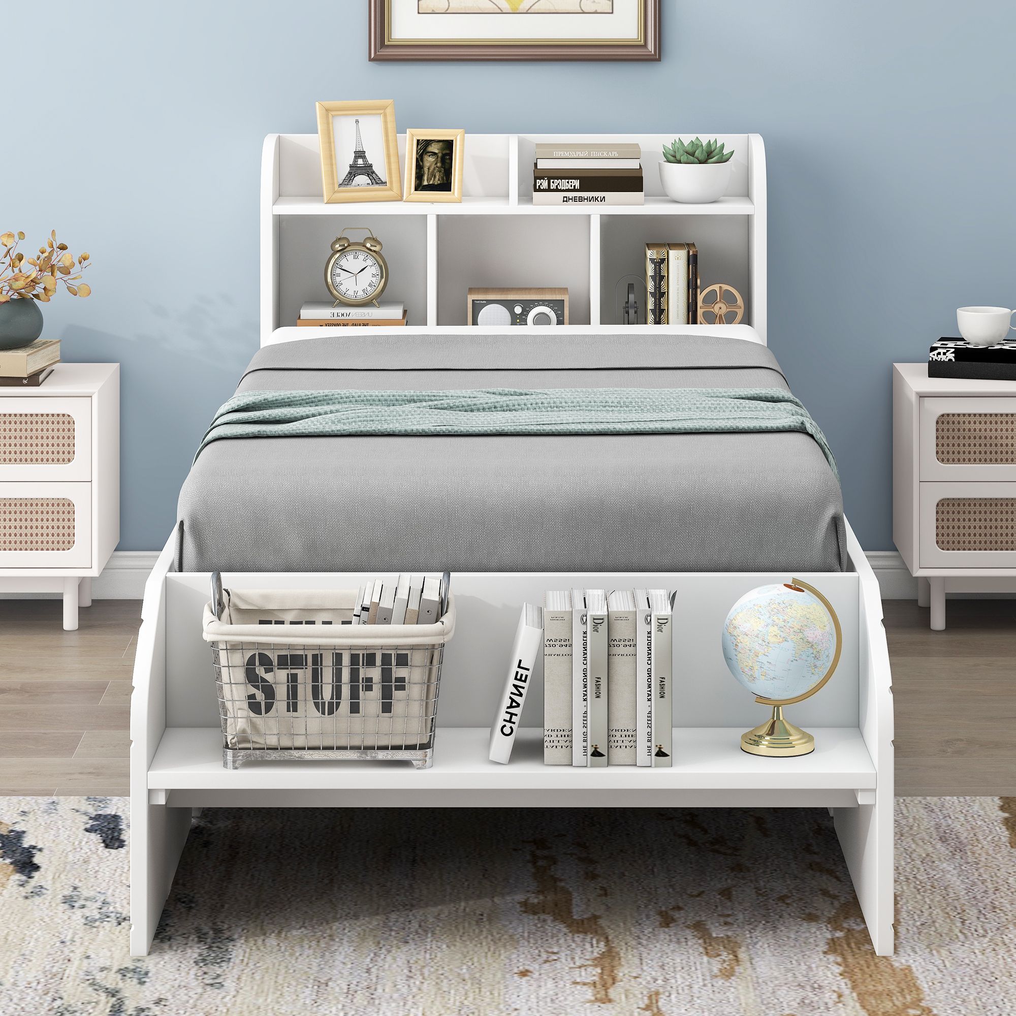 Solid Wood Bed Frame with 2 Drawers, Storage Headboard and Footboard, Platform Bed Frame, Mid Century Bedframe, Multi-Storage Space Wood Foundation(White, Twin) - Curated Treasures Market