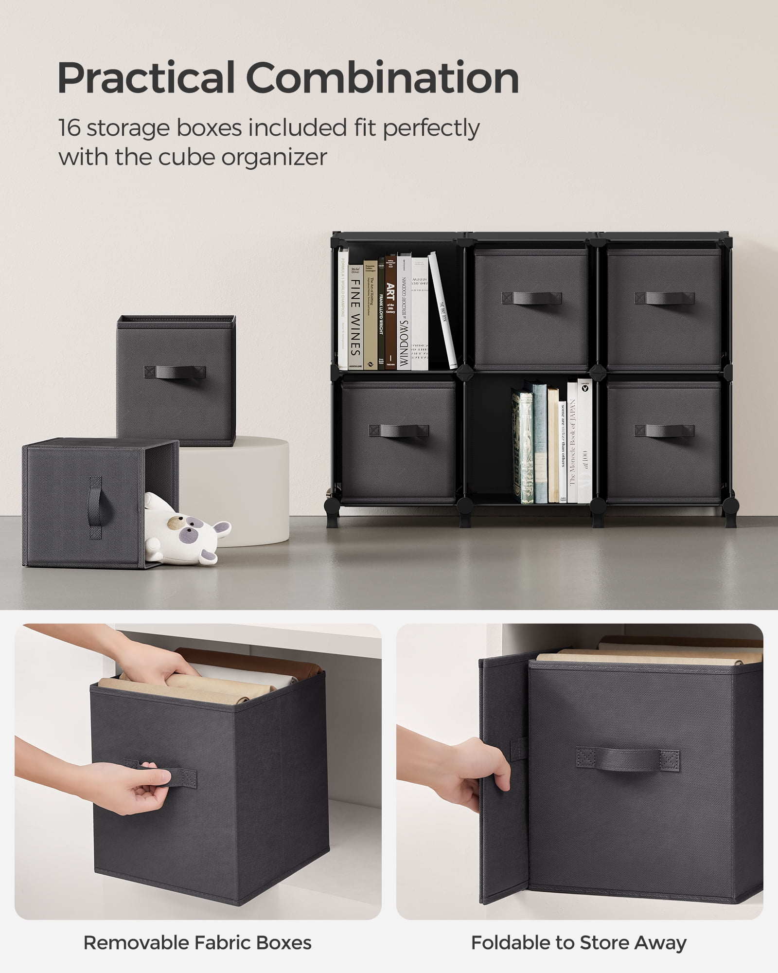 SONGMICS 16 Cube Storage Organizer with Storage Boxes Collapsible Non-Woven Fabric Bins for Bedroom Living Room Ink Black and Dove Gray - Curated Treasures Market