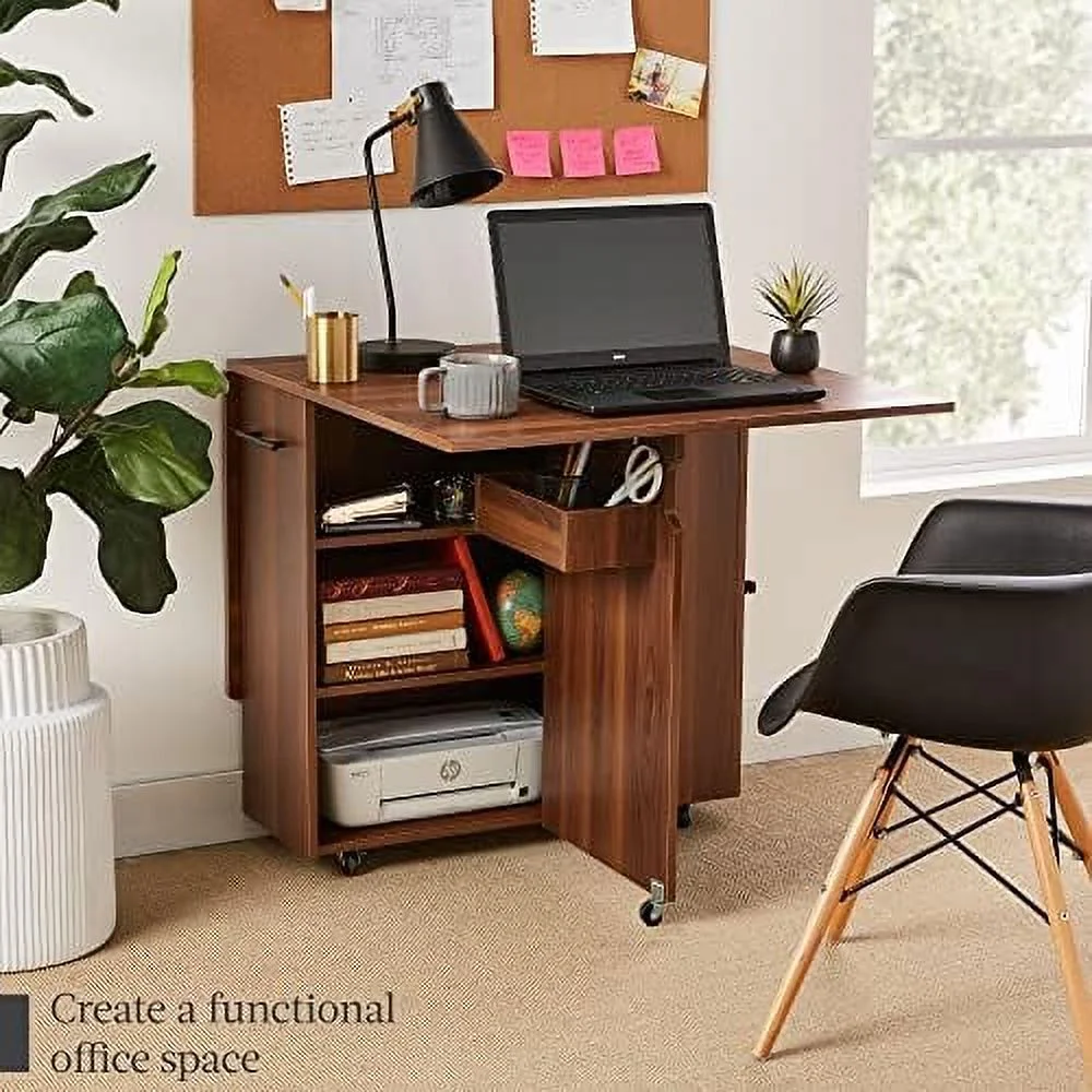 TJCGDTY Folding Dining Table  Multipurpose Collapsible Drop Leaf Extension  Versatile Space Saving Desk  w/Wheels  3  Shelves  Metal Handle - Brown - Curated Treasures Market