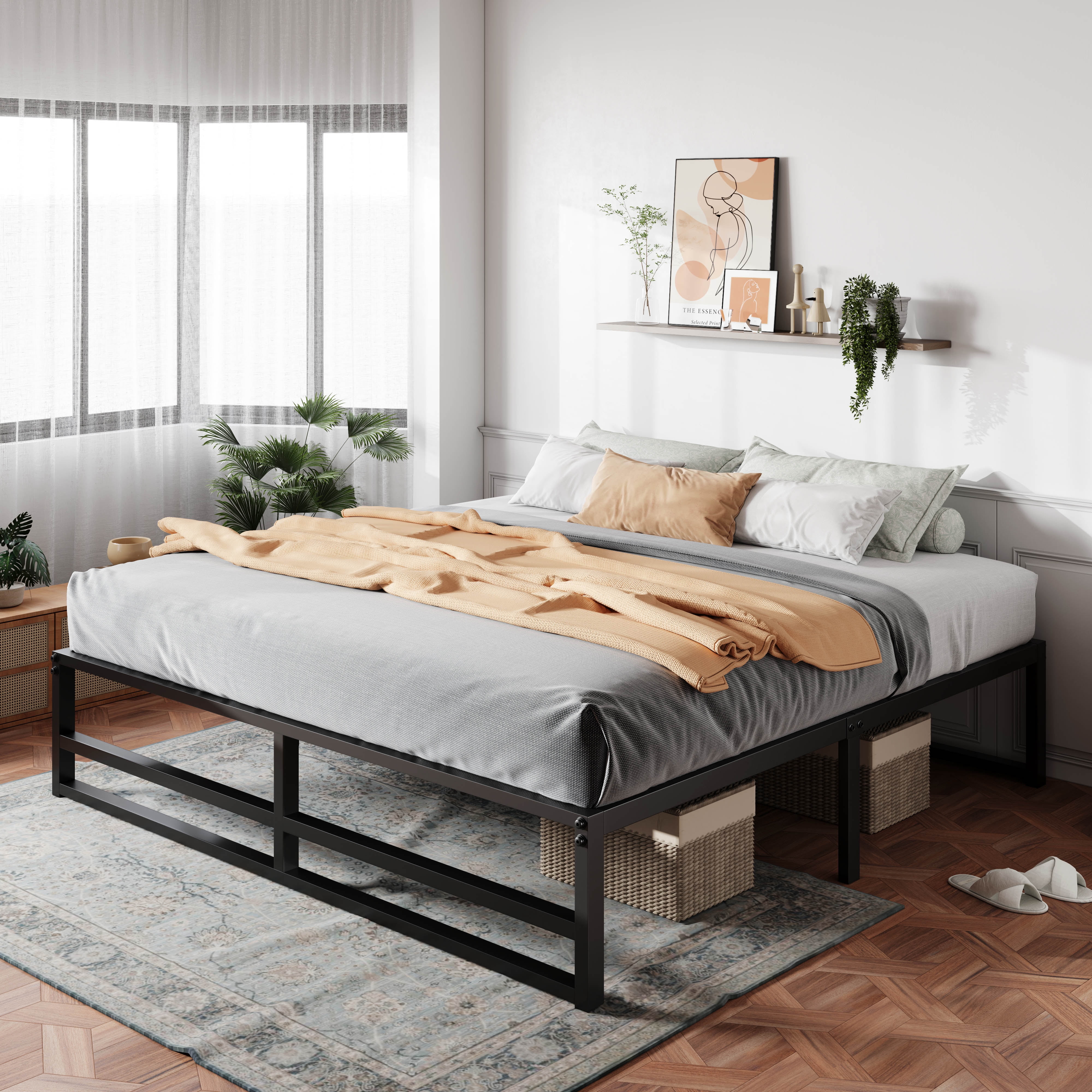 SHA CERLIN Queen Size Metal Platform Bed Frame with 13.8'' Storage Space, No Box Spring Needed, Adult
