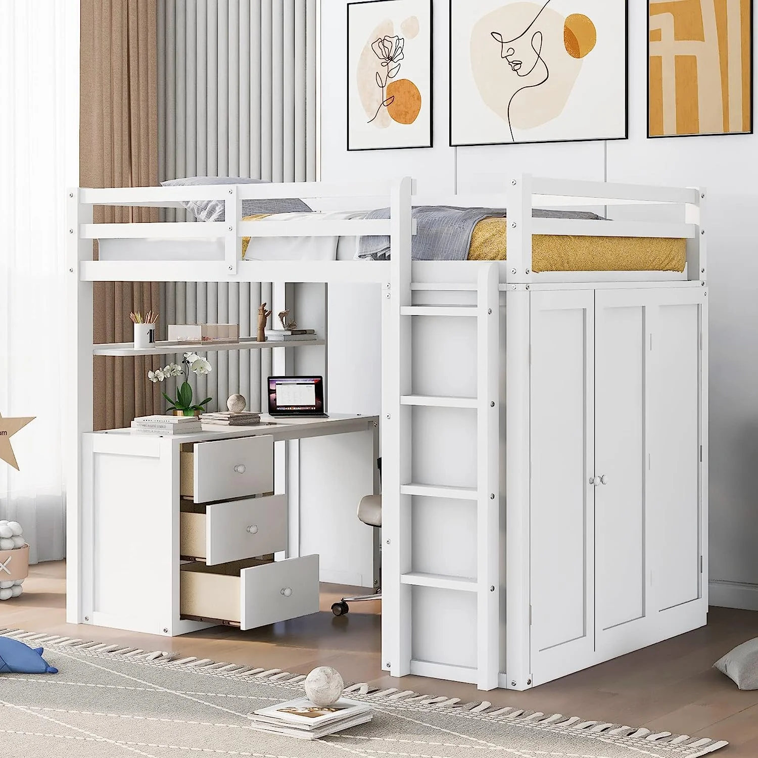 Momspeace Full Size Loft Bed with Wardrobe, Wood Loft Bed Frame with Desk 3 Storage Drawers Shelf Space Saving Platform Bed - White - Curated Treasures Market